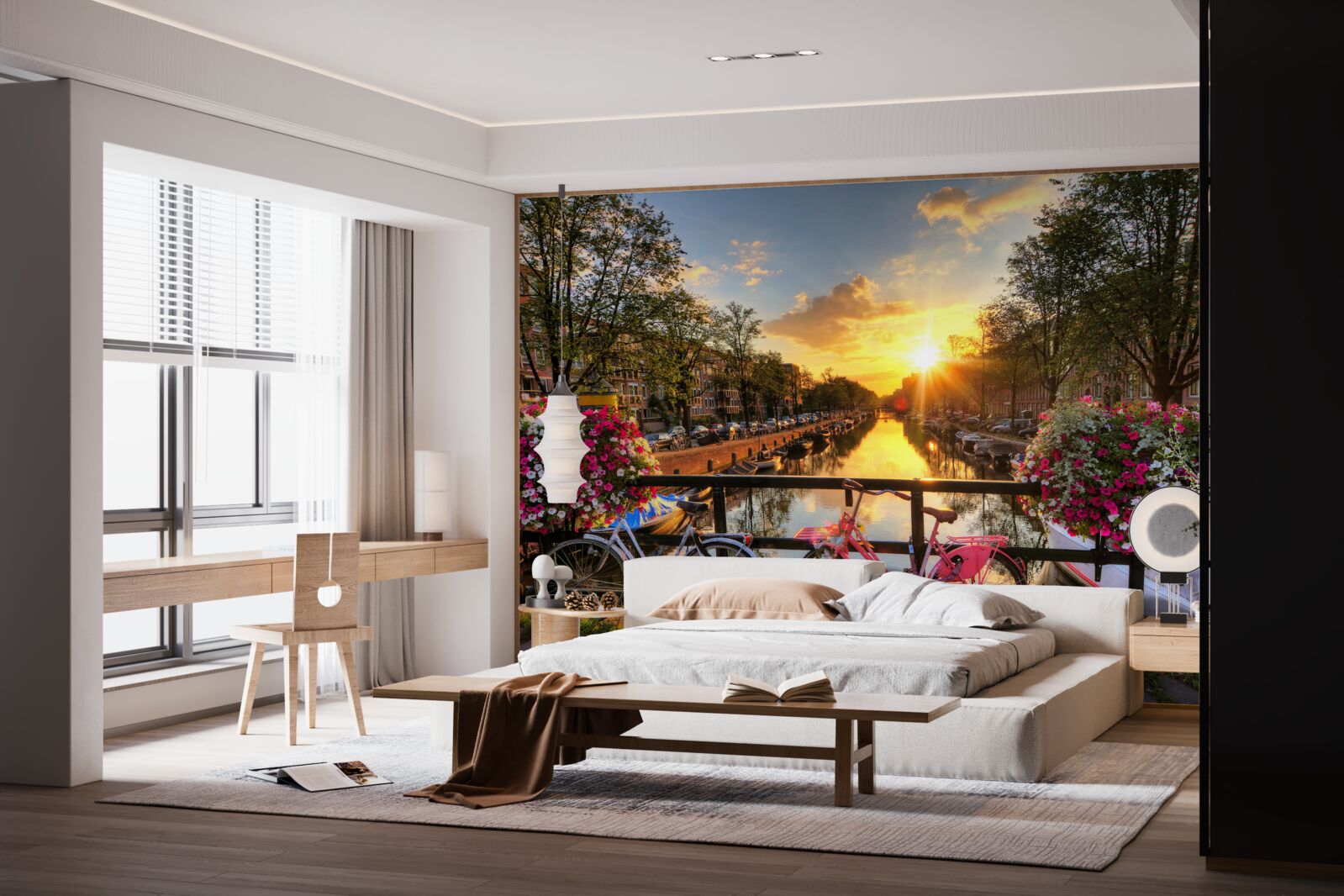 Фотошпалери захід сонця в амстердамі з велосипедами на задньому плані