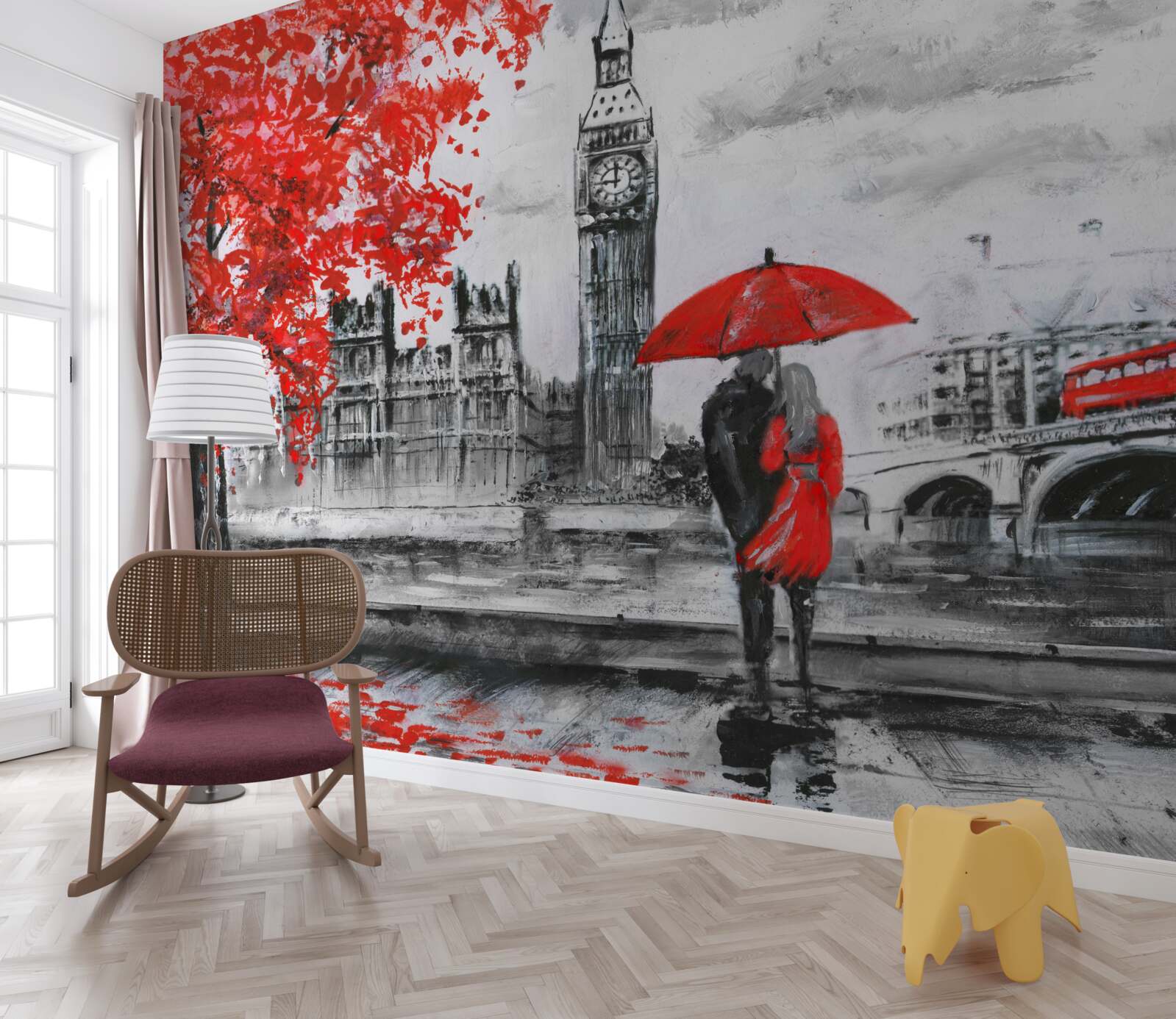 Фотошпалери двоє людей під червоною парасолькою дивляться на Біг-Бен