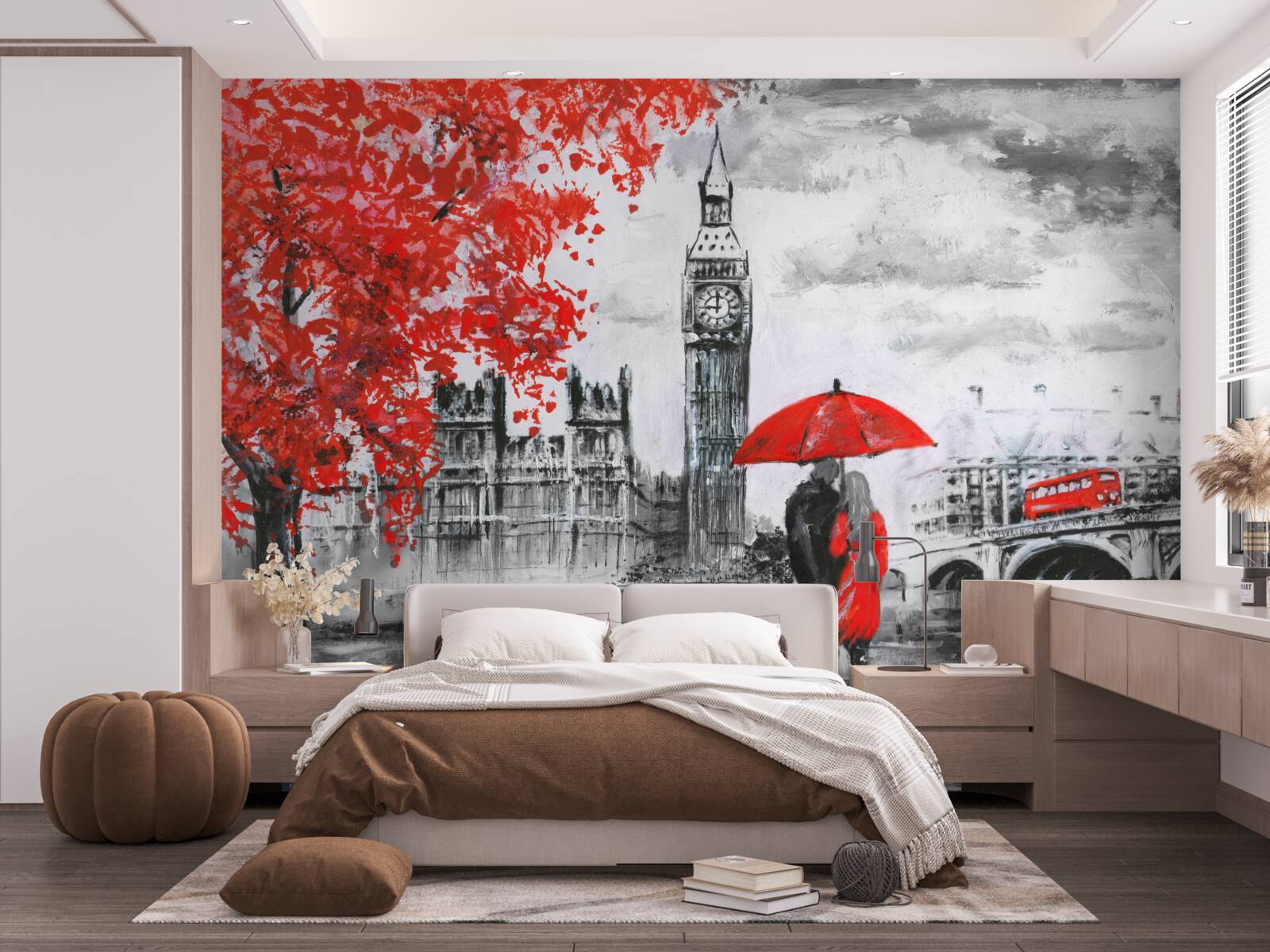 Фотошпалери двоє людей під червоною парасолькою дивляться на Біг-Бен