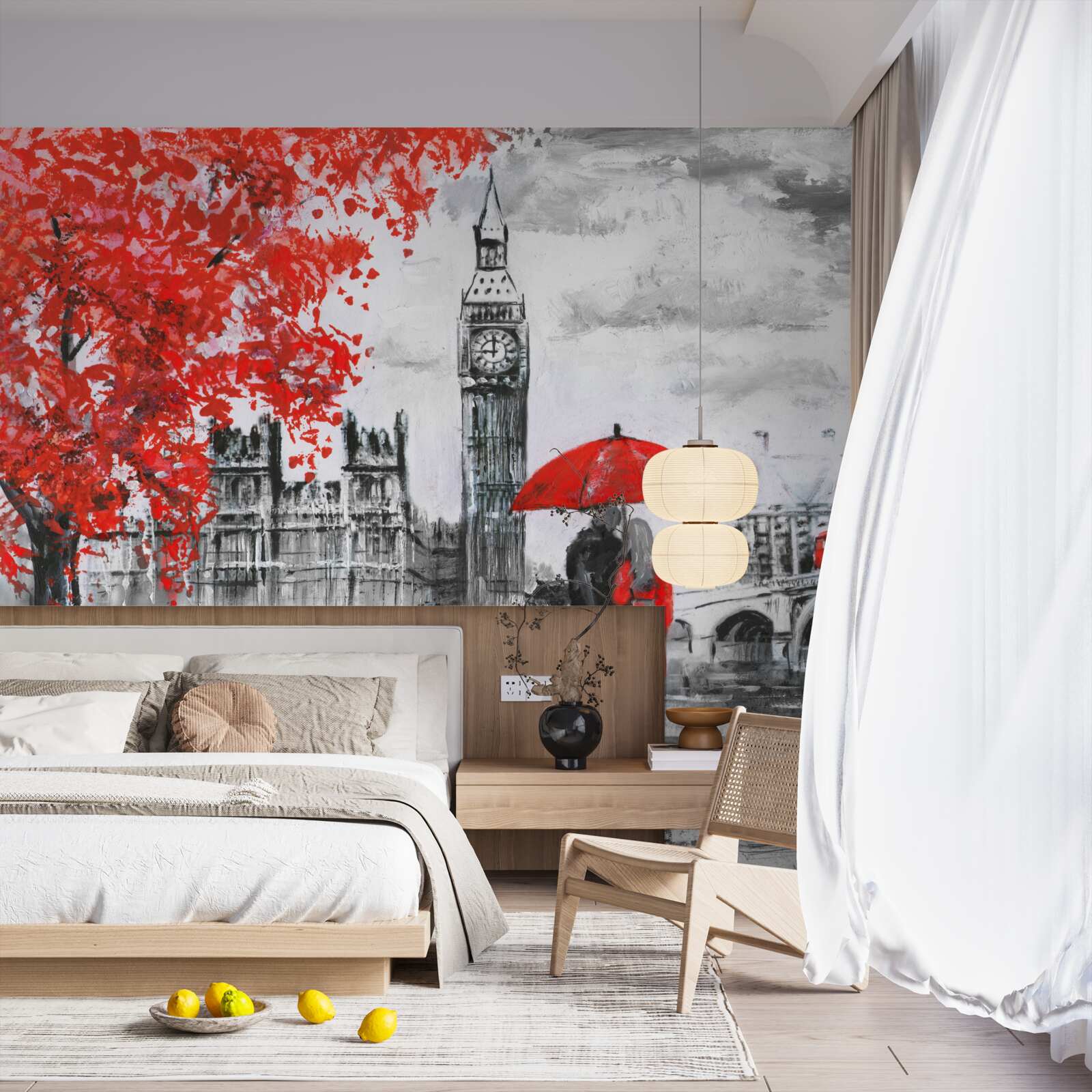 Фотошпалери двоє людей під червоною парасолькою дивляться на Біг-Бен