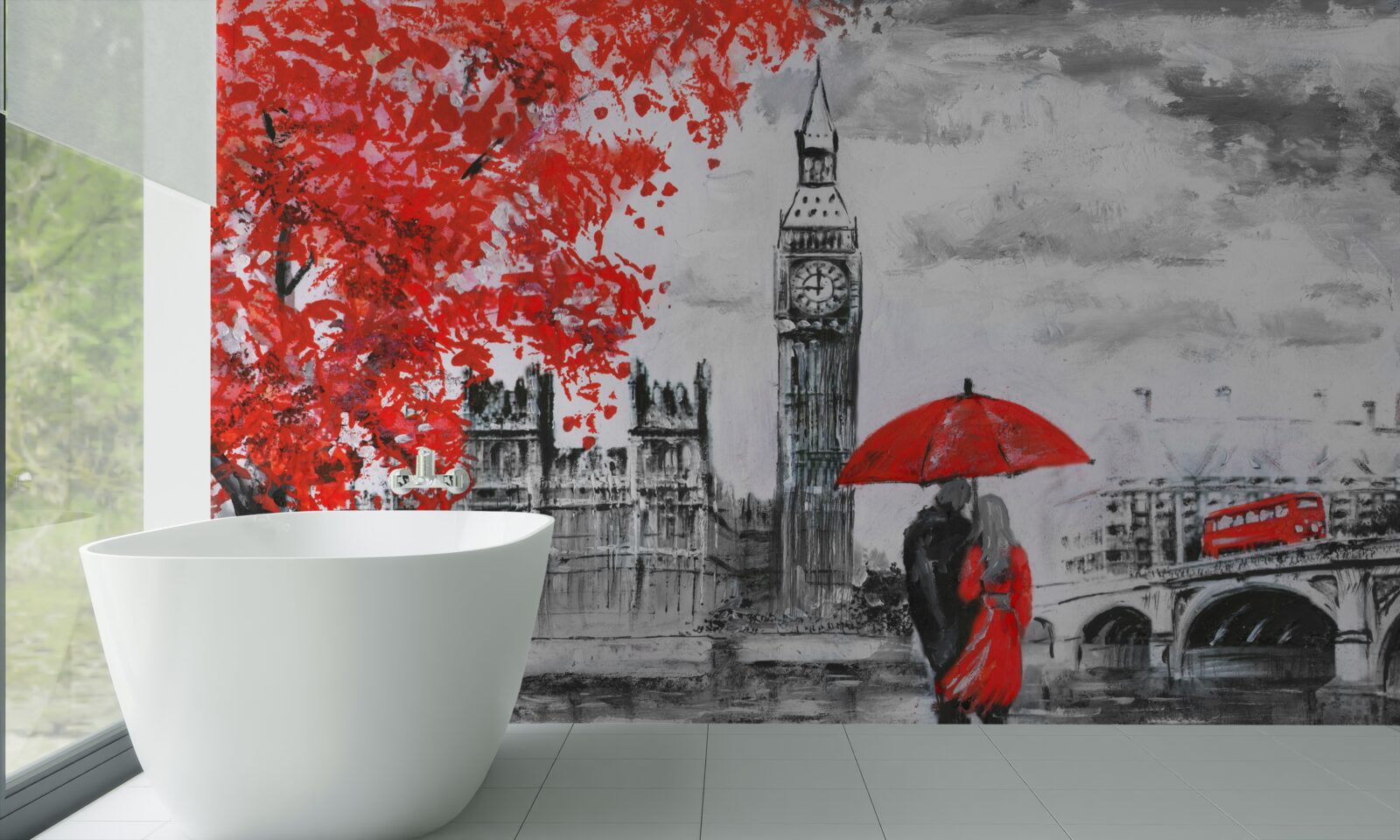 Фотошпалери двоє людей під червоною парасолькою дивляться на Біг-Бен