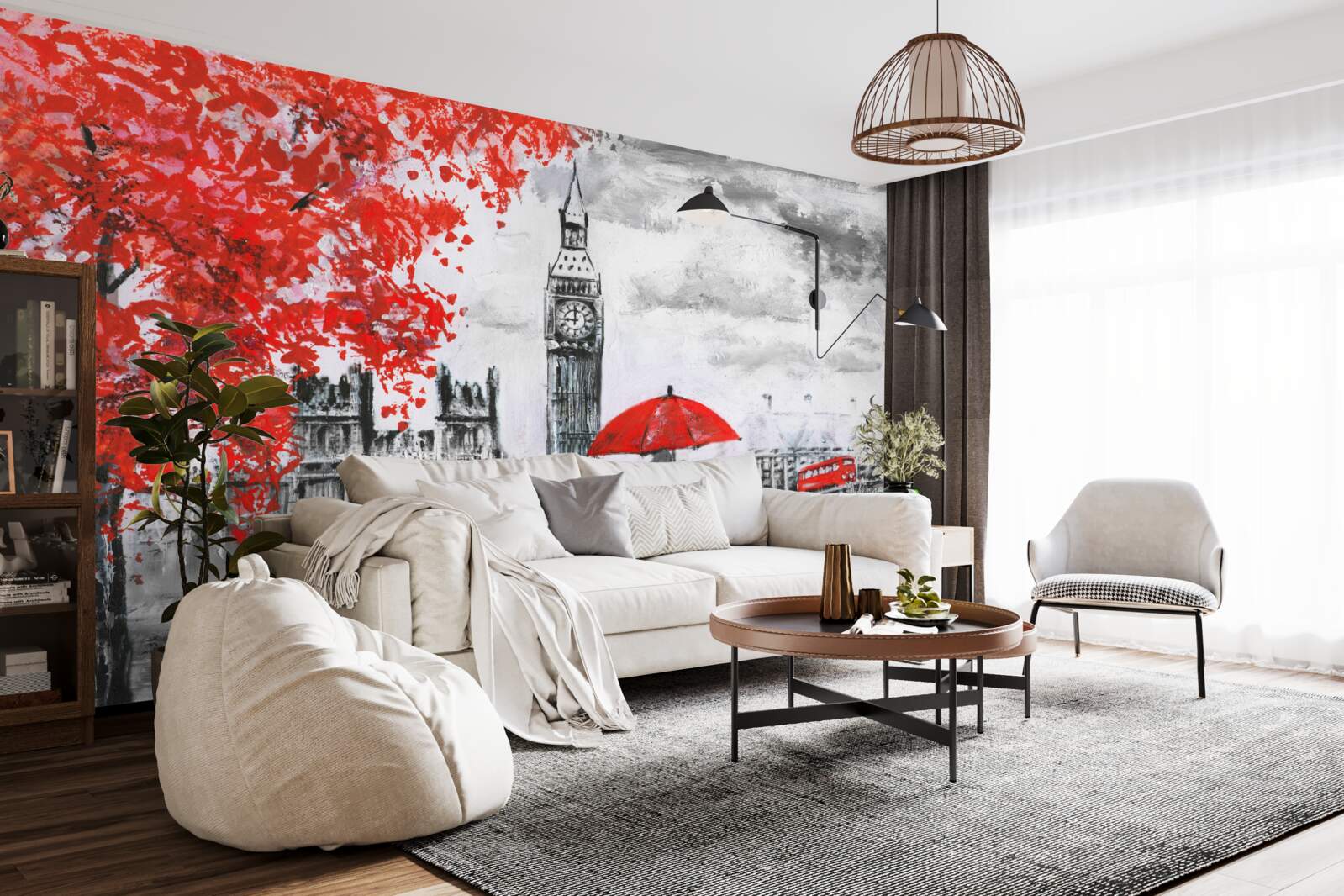 Фотошпалери двоє людей під червоною парасолькою дивляться на Біг-Бен