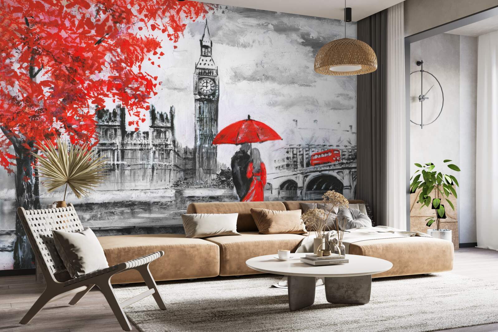 Фотошпалери двоє людей під червоною парасолькою дивляться на Біг-Бен