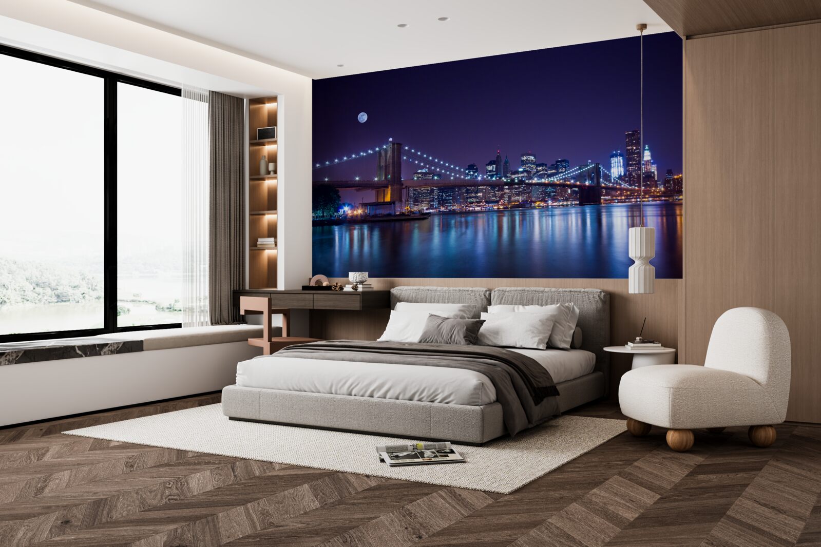 Фотошпалери відблиски нічних вогнів міста відбиваються у воді