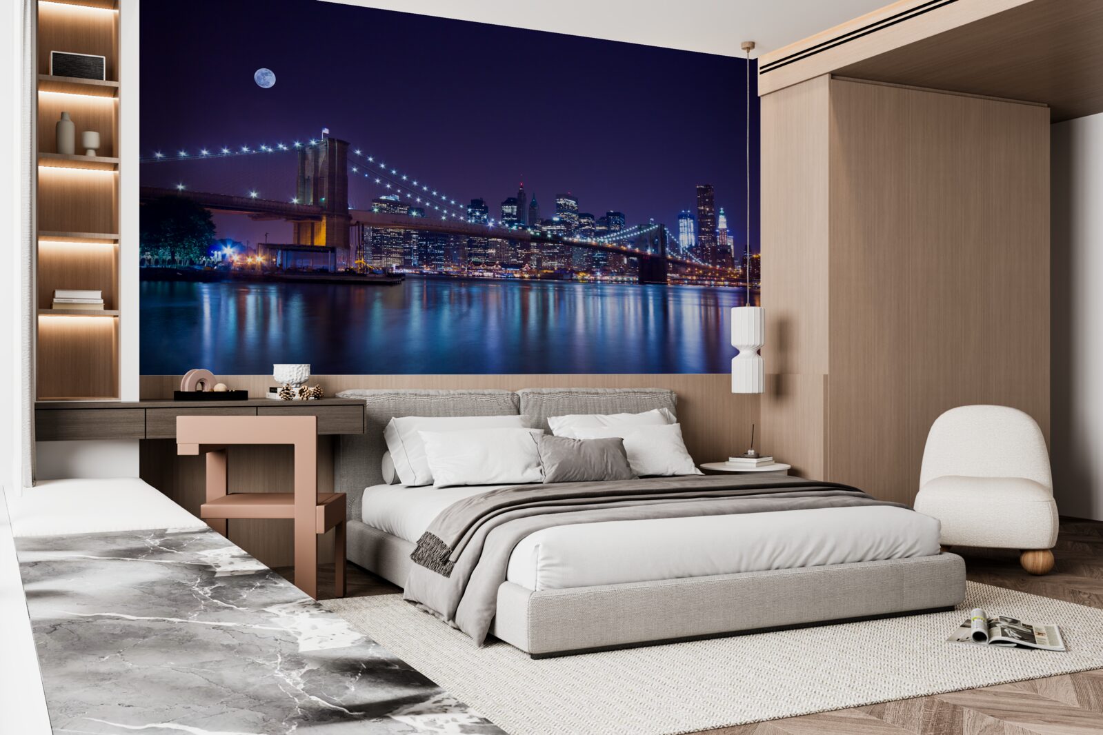 Фотошпалери відблиски нічних вогнів міста відбиваються у воді