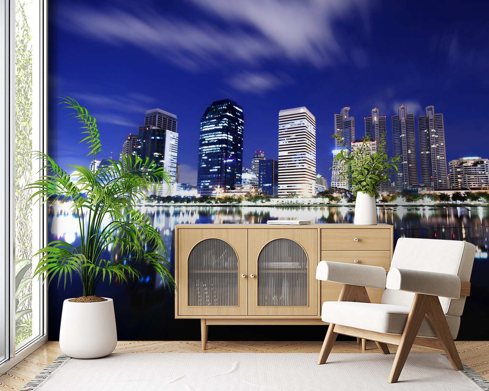 Фотошпалери відображення хмарочосів у воді вночі