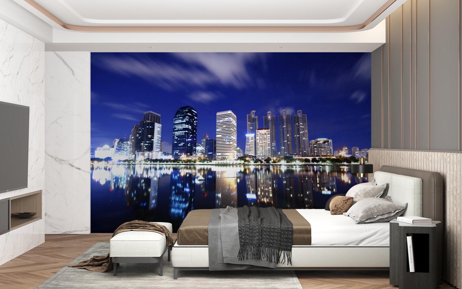 Фотошпалери відображення хмарочосів у воді вночі