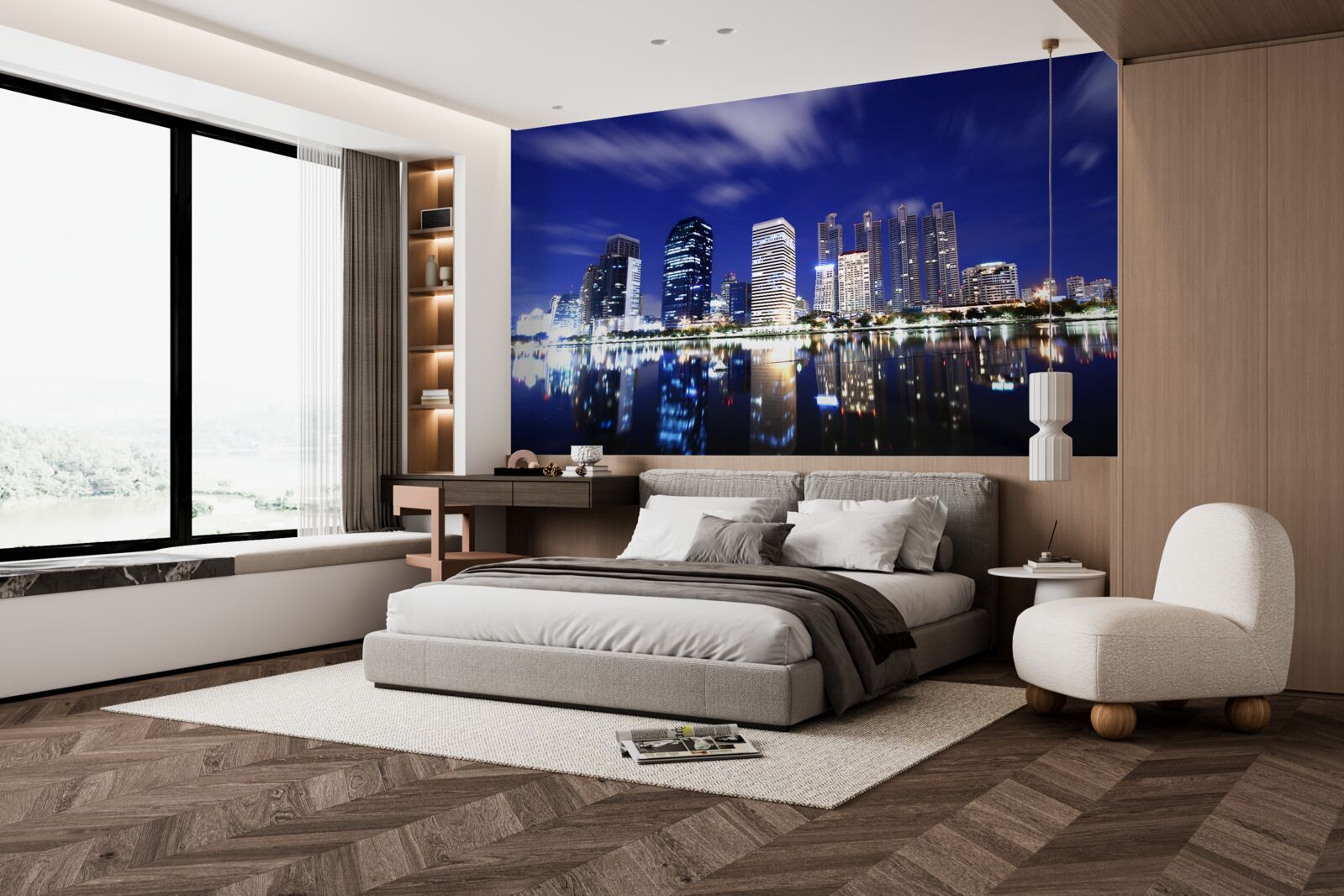 Фотошпалери відображення хмарочосів у воді вночі