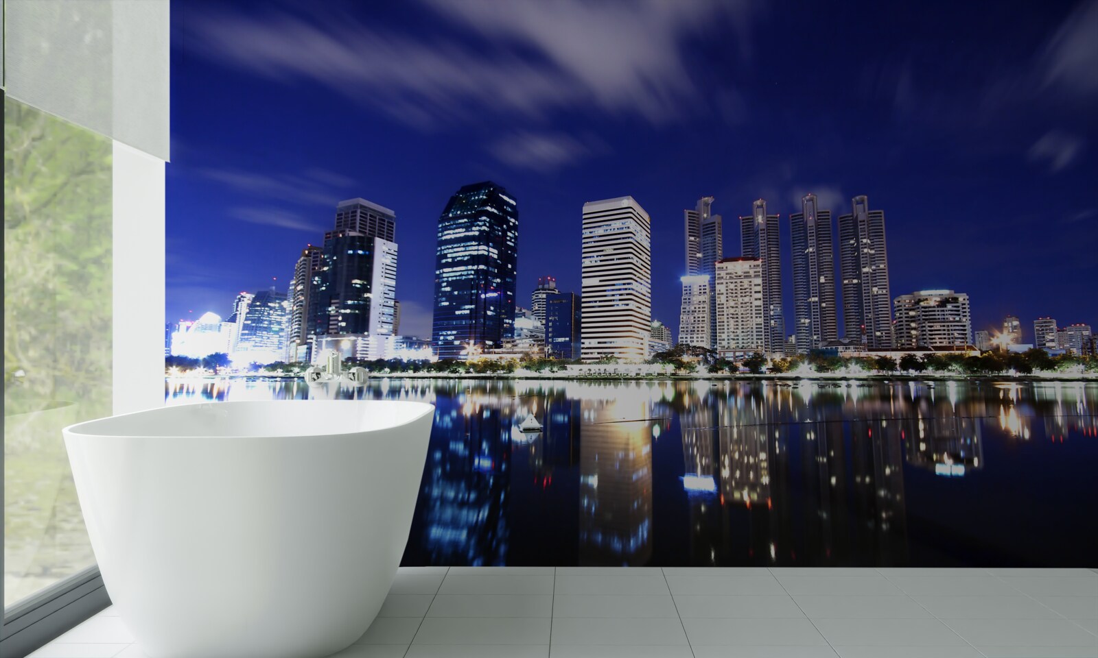 Фотошпалери відображення хмарочосів у воді вночі