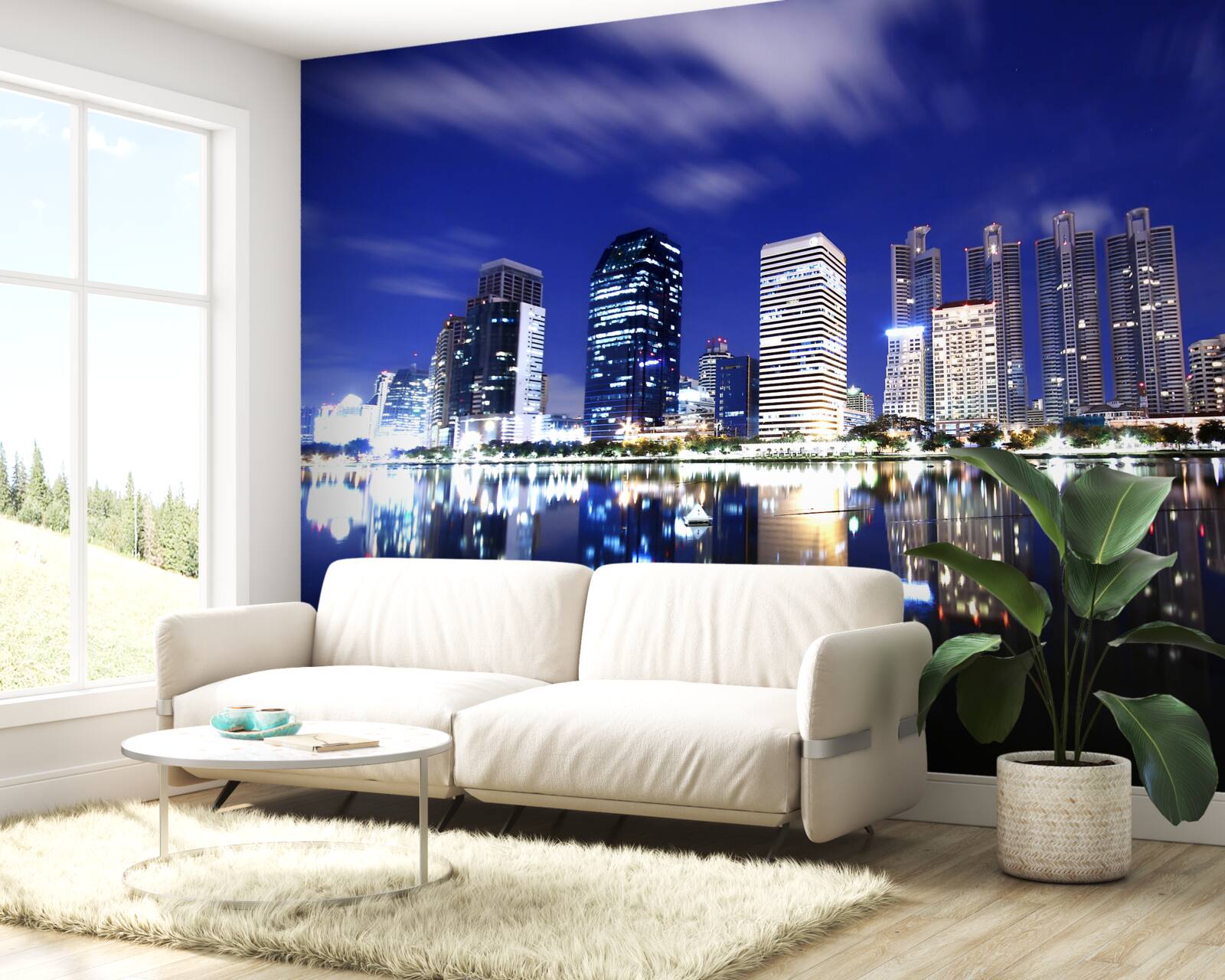 Фотошпалери відображення хмарочосів у воді вночі