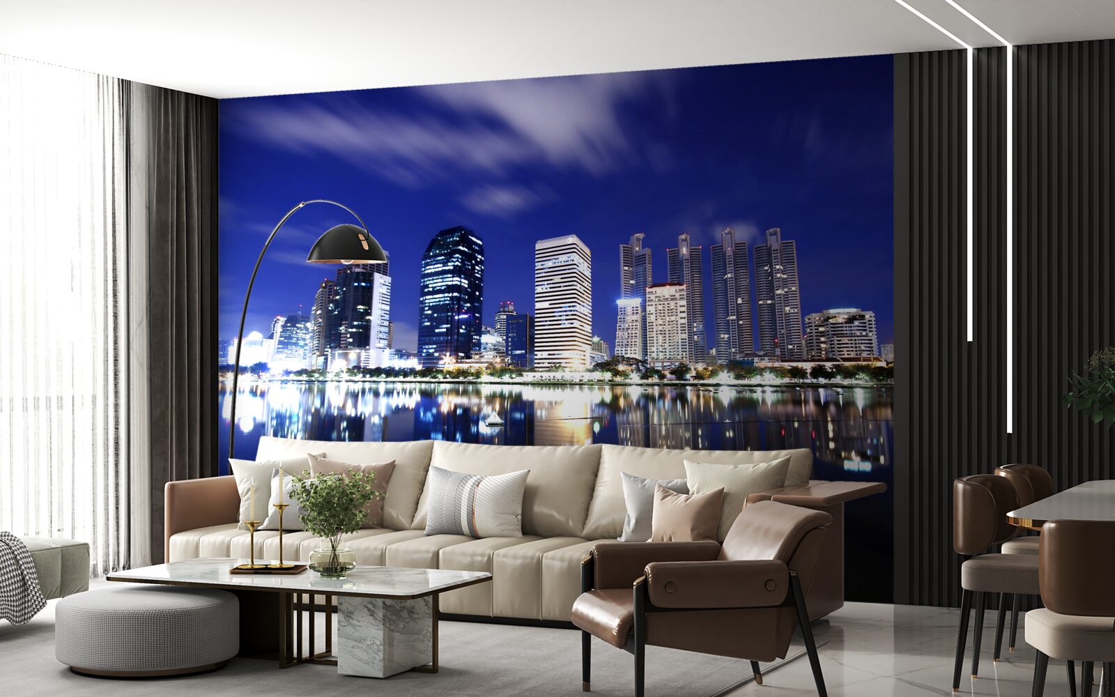 Фотошпалери відображення хмарочосів у воді вночі