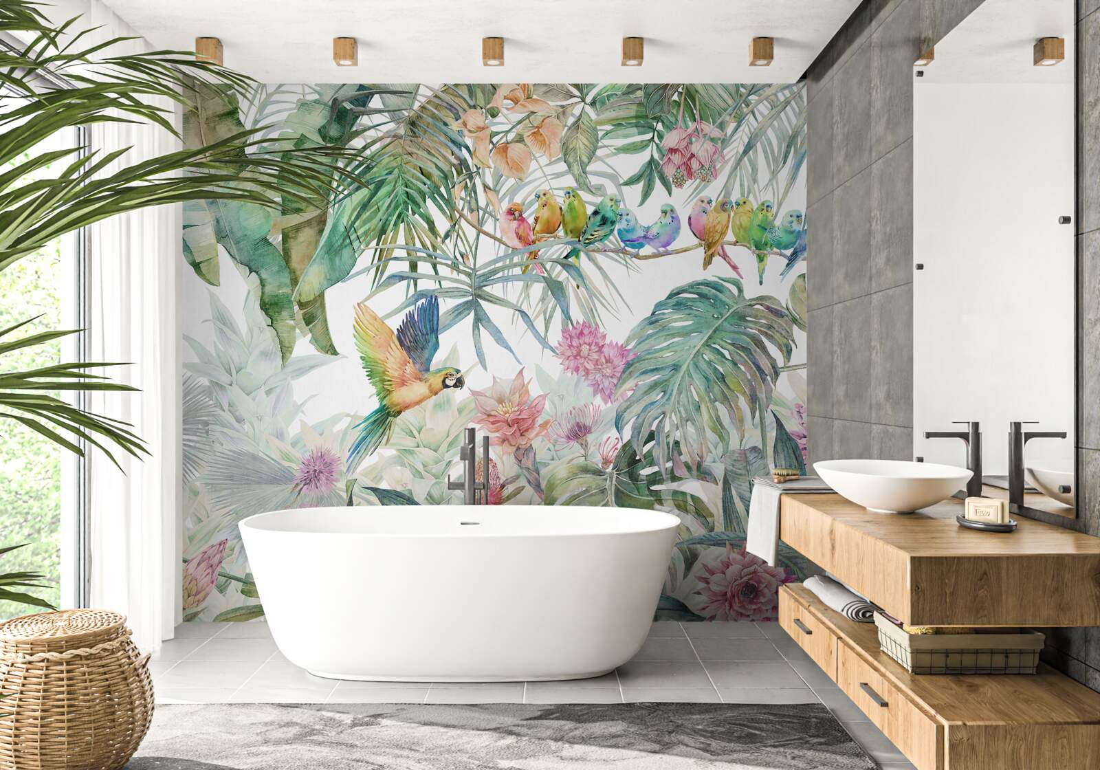 Фотошпалери сім'я папуг у тропічному лісі