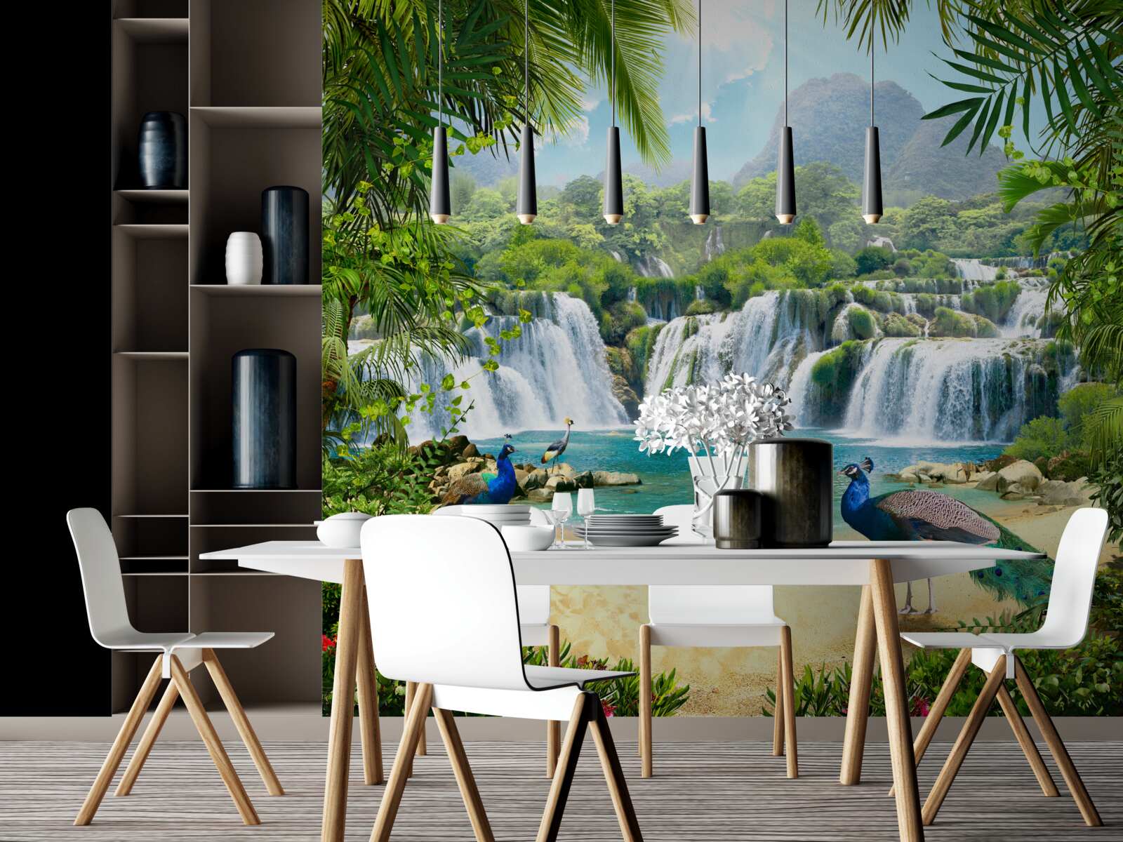 Фотошпалери водоспад у чарівних тропіках, де живуть павичі