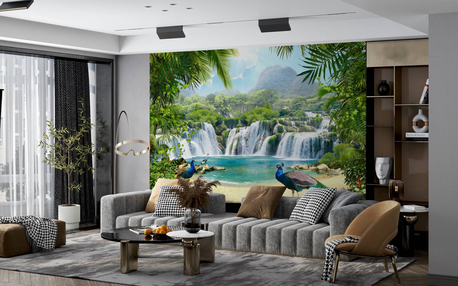 Фотошпалери водоспад у чарівних тропіках, де живуть павичі