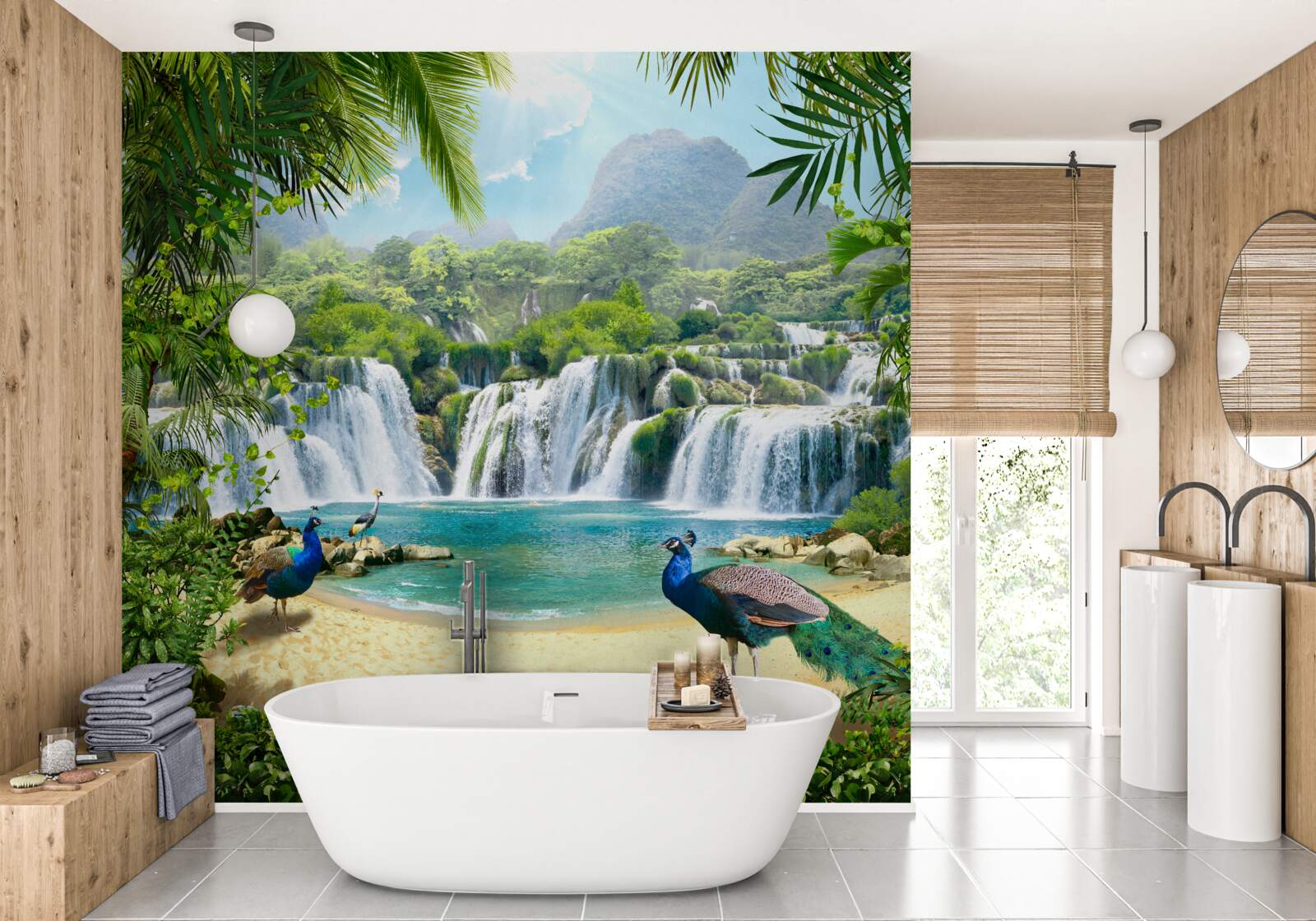 Фотошпалери водоспад у чарівних тропіках, де живуть павичі