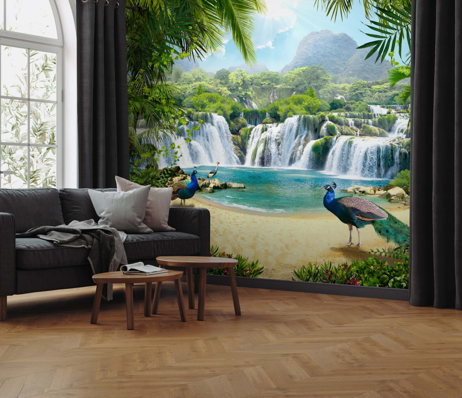 Фотошпалери водоспад у чарівних тропіках, де живуть павичі