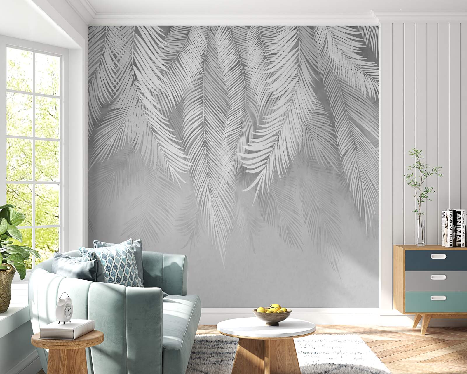 Фотошпалери висить біле пальмове листя