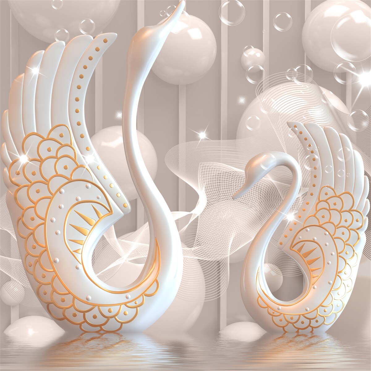 Фотошпалери два білосніжні лебеді в золотому обрамленні