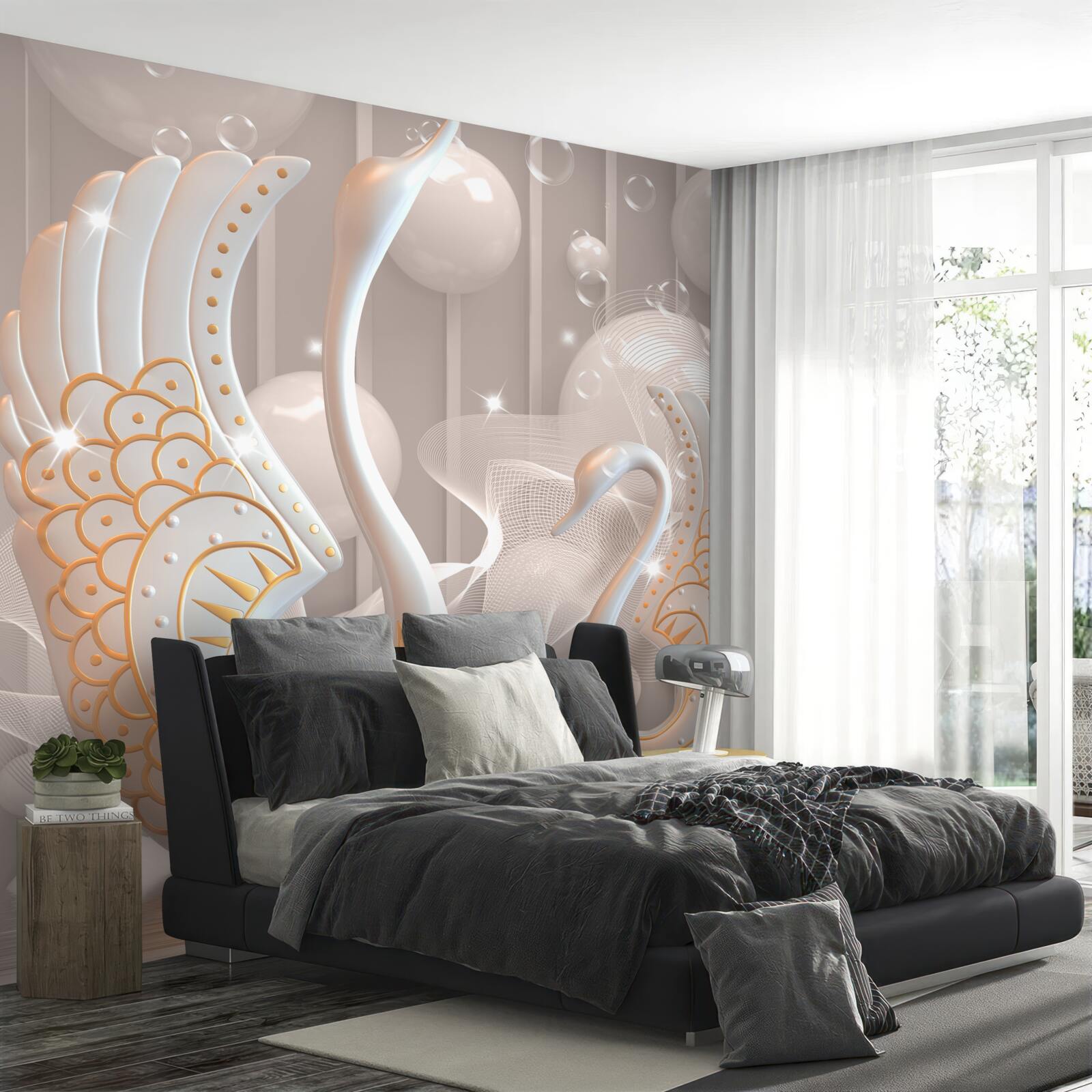 Фотошпалери два білосніжні лебеді в золотому обрамленні