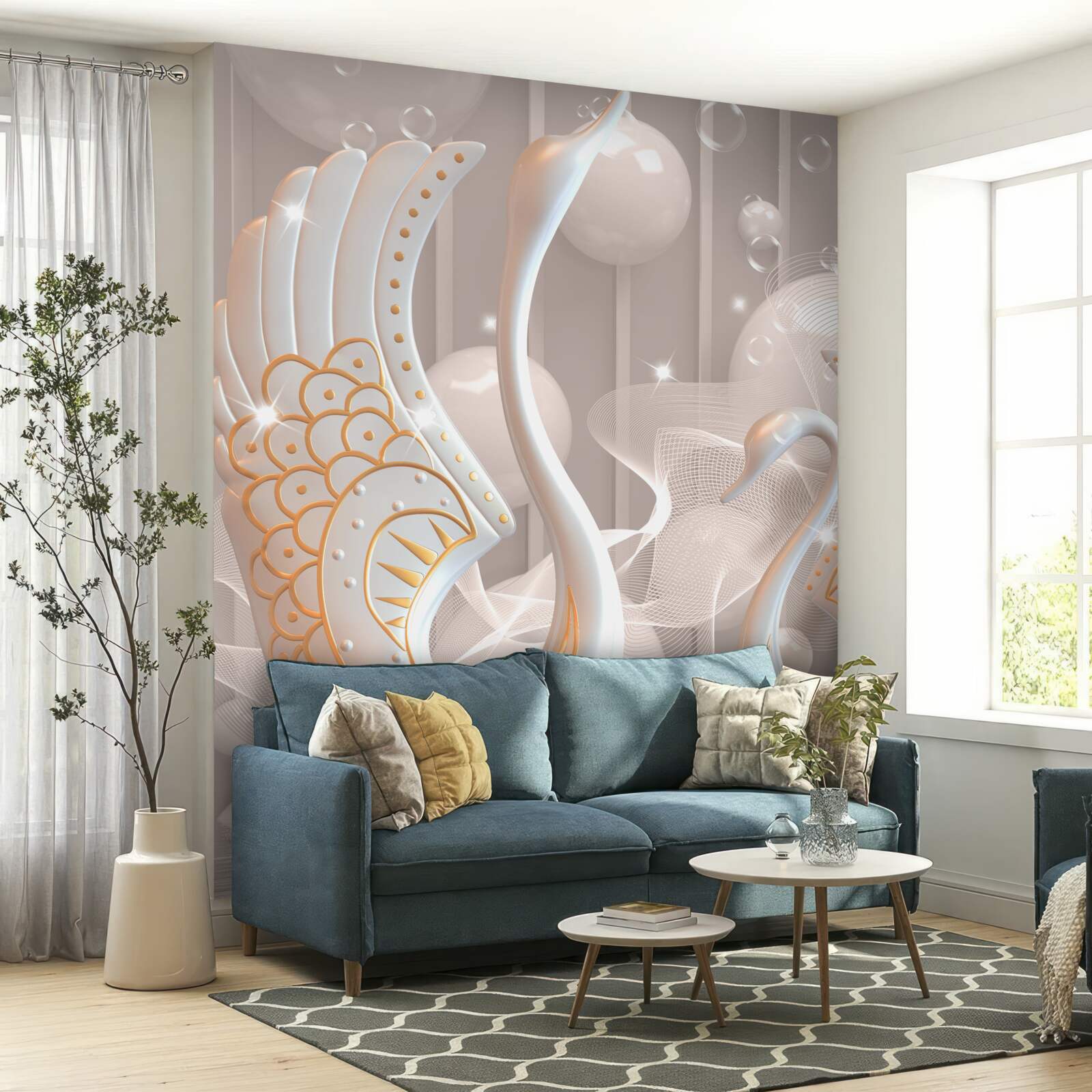 Фотошпалери два білосніжні лебеді в золотому обрамленні