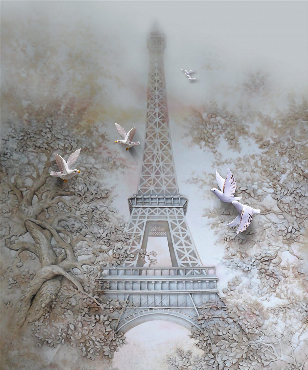 Фотошпалери ранковий туман оточує Ейфелеву вежу