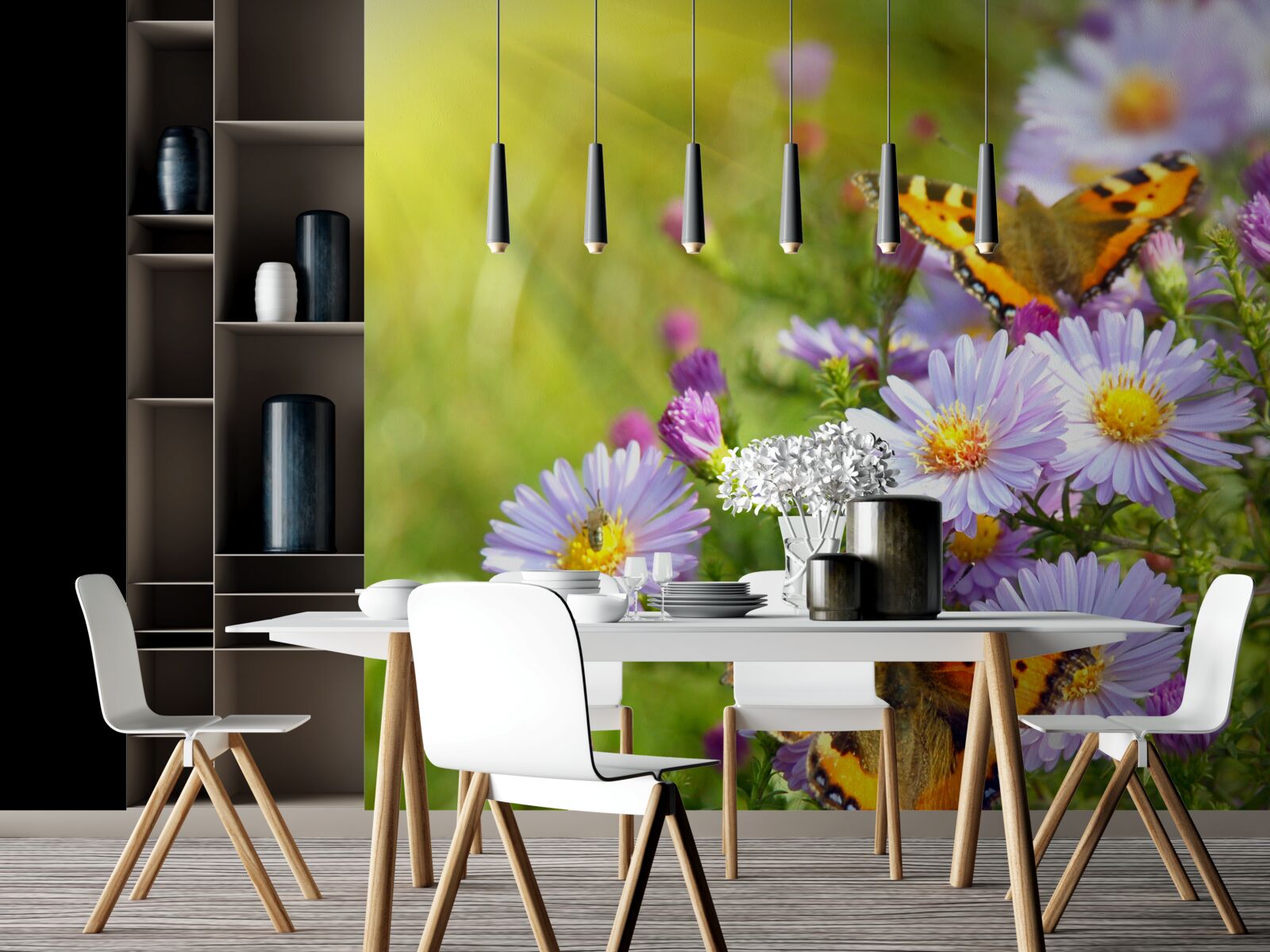 Фотошпалери Луг, усіяний блакитними ромашками та метеликами