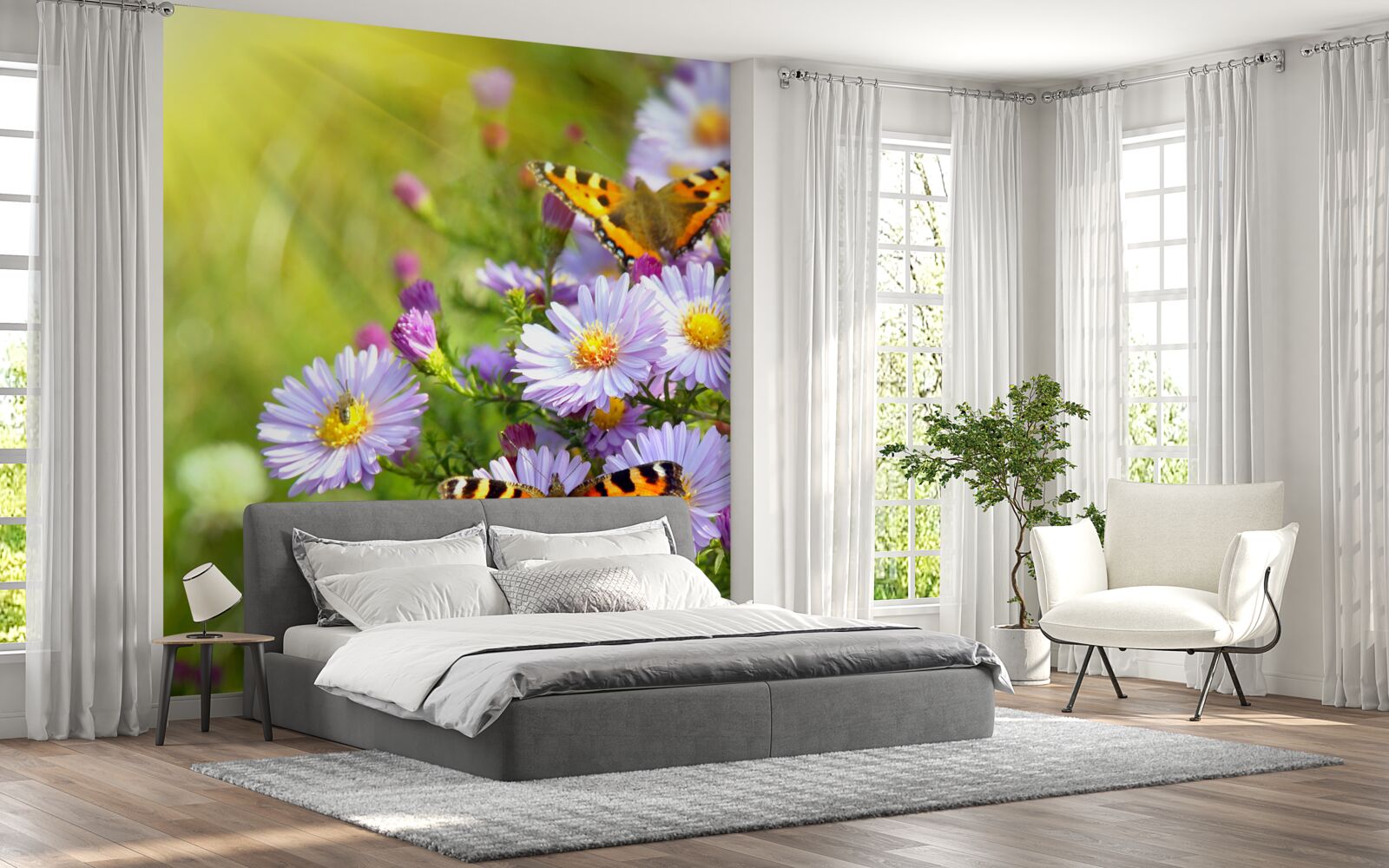Фотошпалери Луг, усіяний блакитними ромашками та метеликами