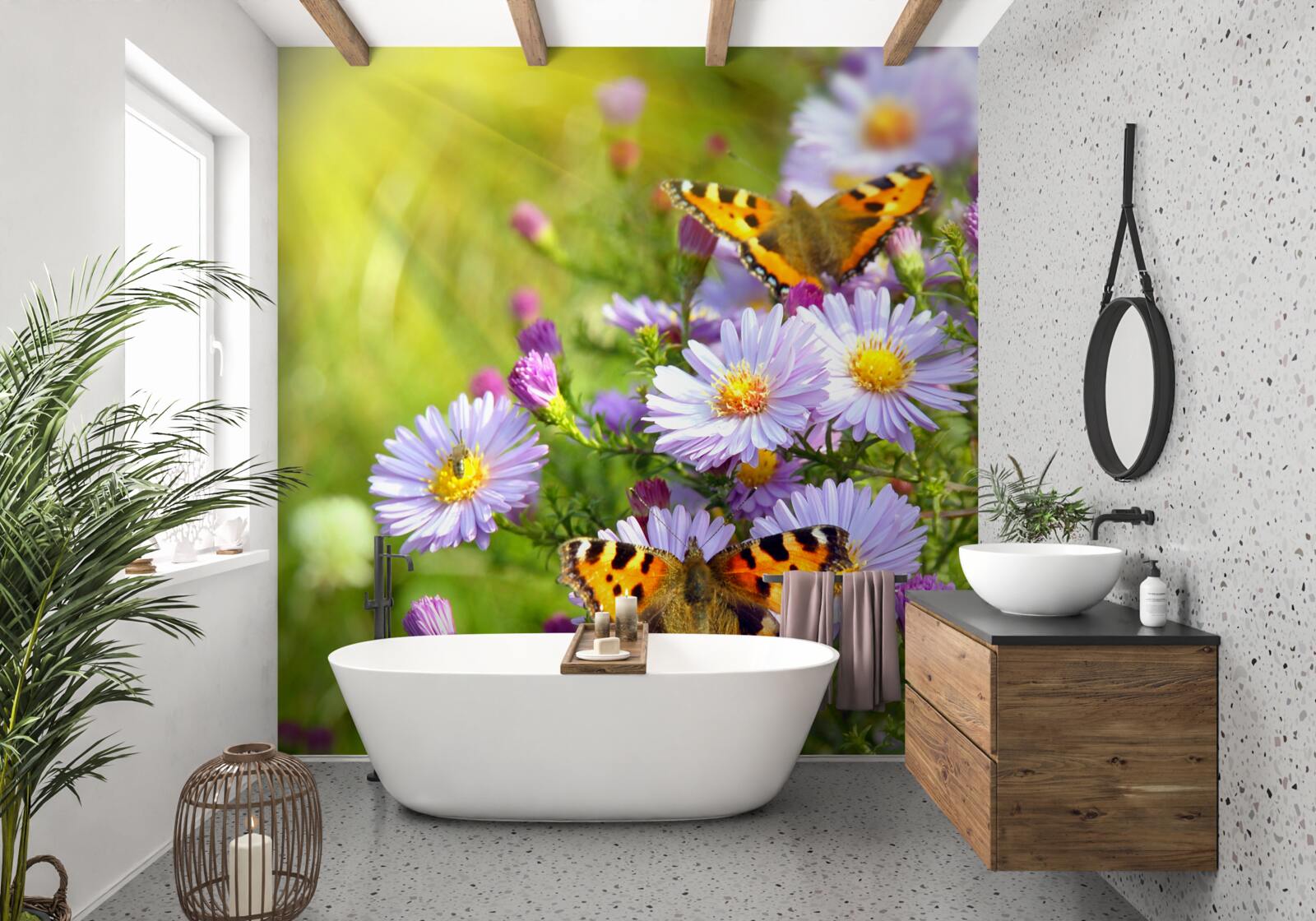 Фотошпалери Луг, усіяний блакитними ромашками та метеликами
