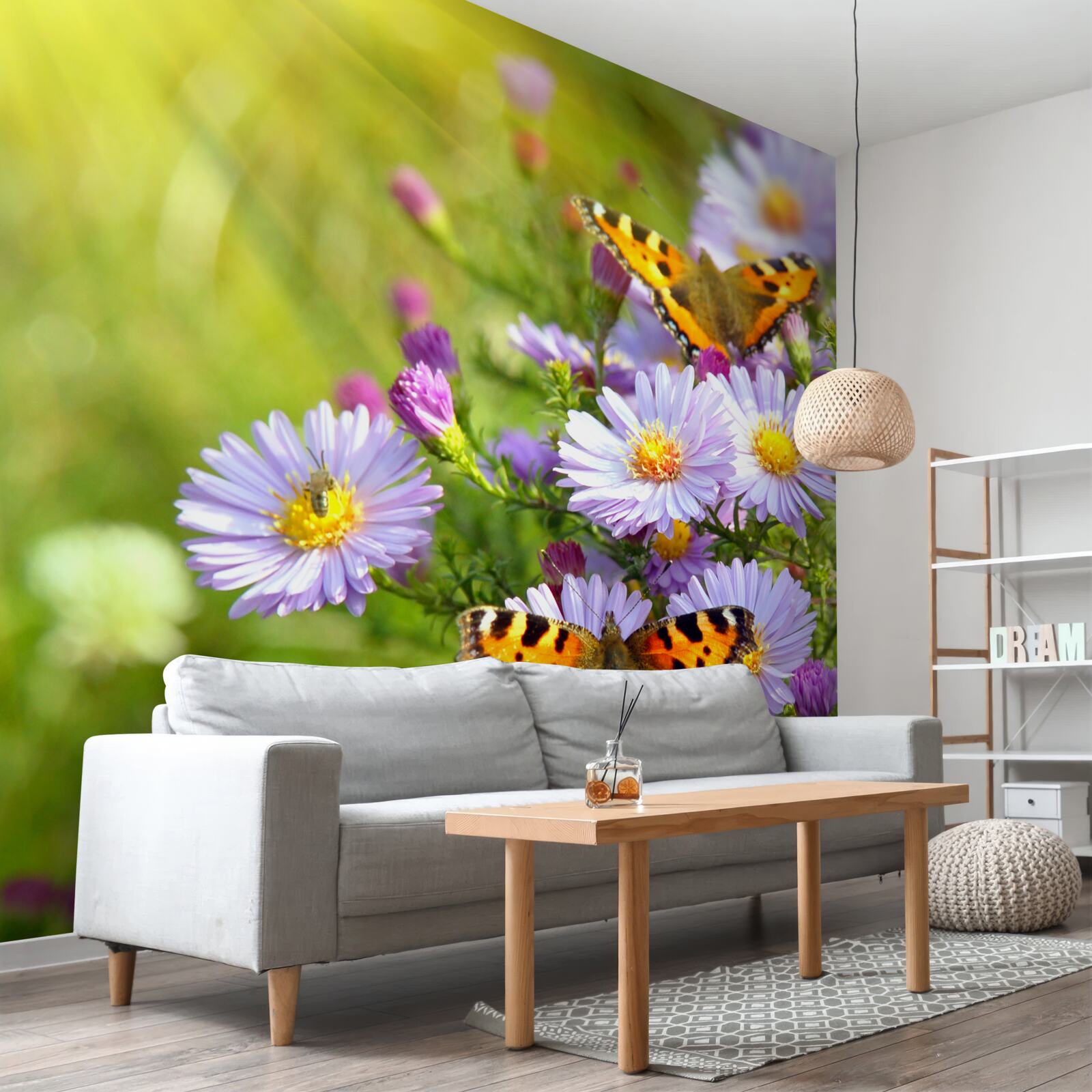 Фотошпалери Луг, усіяний блакитними ромашками та метеликами