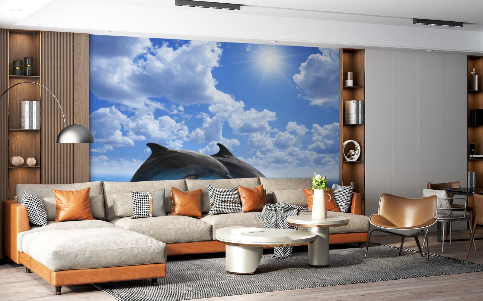 Фотошпалери дельфіни стрибають над поверхнею води