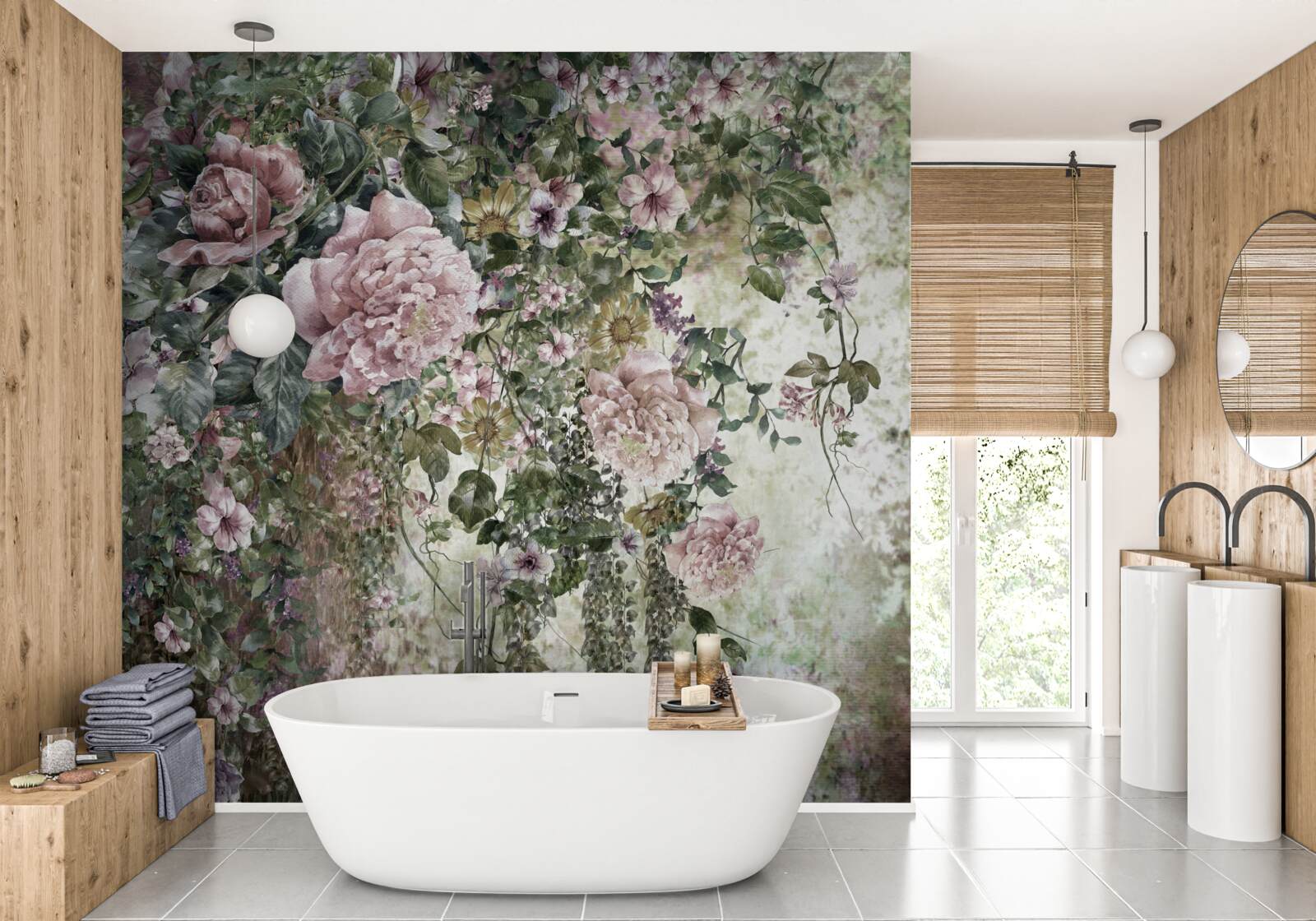 Фотошпалери зелень в оточенні різноманітних весняних квітів