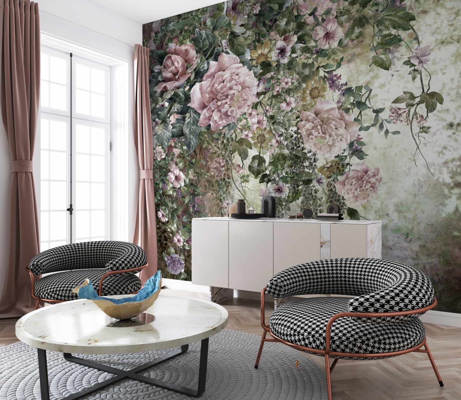 Фотошпалери зелень в оточенні різноманітних весняних квітів