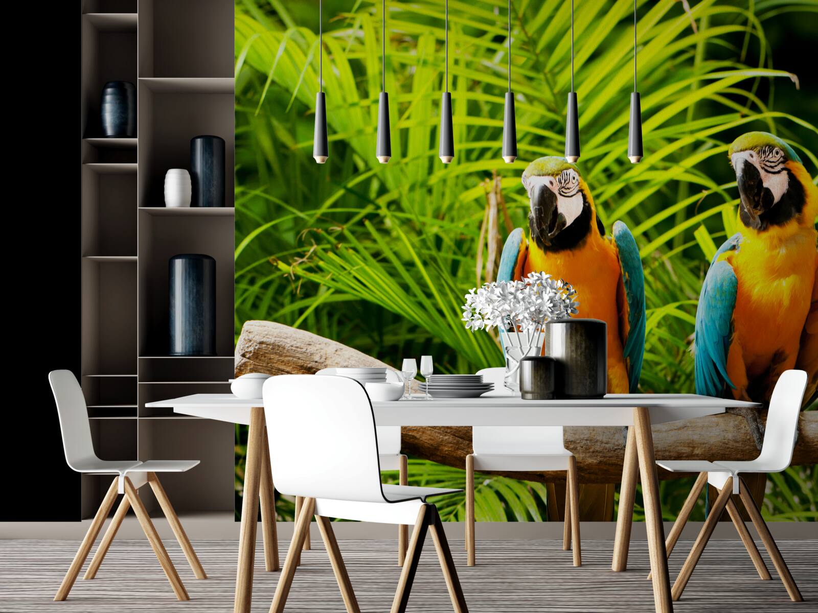 Фотошпалери сім'я папуг ара на гілці в оточенні зелені