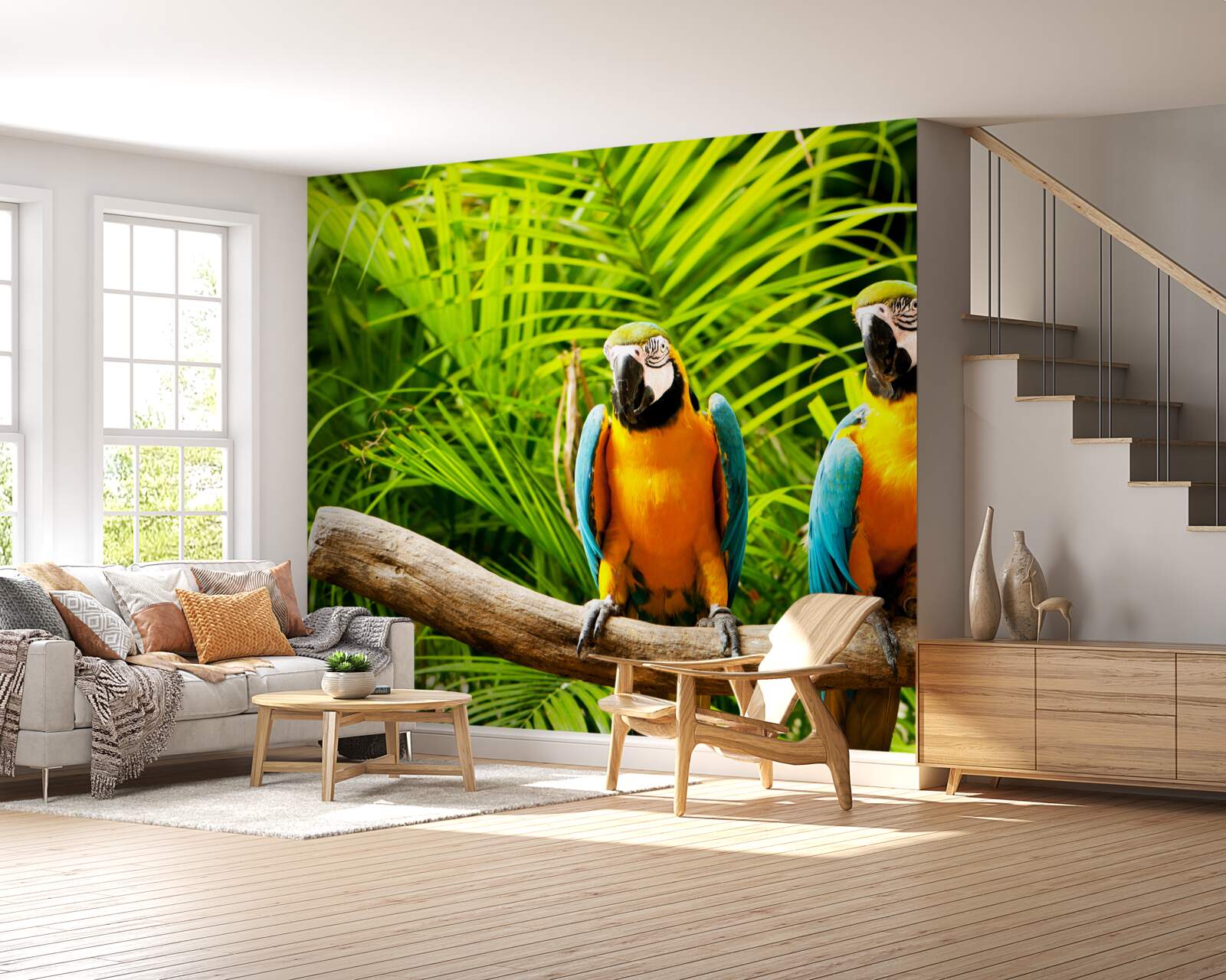 Фотошпалери сім'я папуг ара на гілці в оточенні зелені