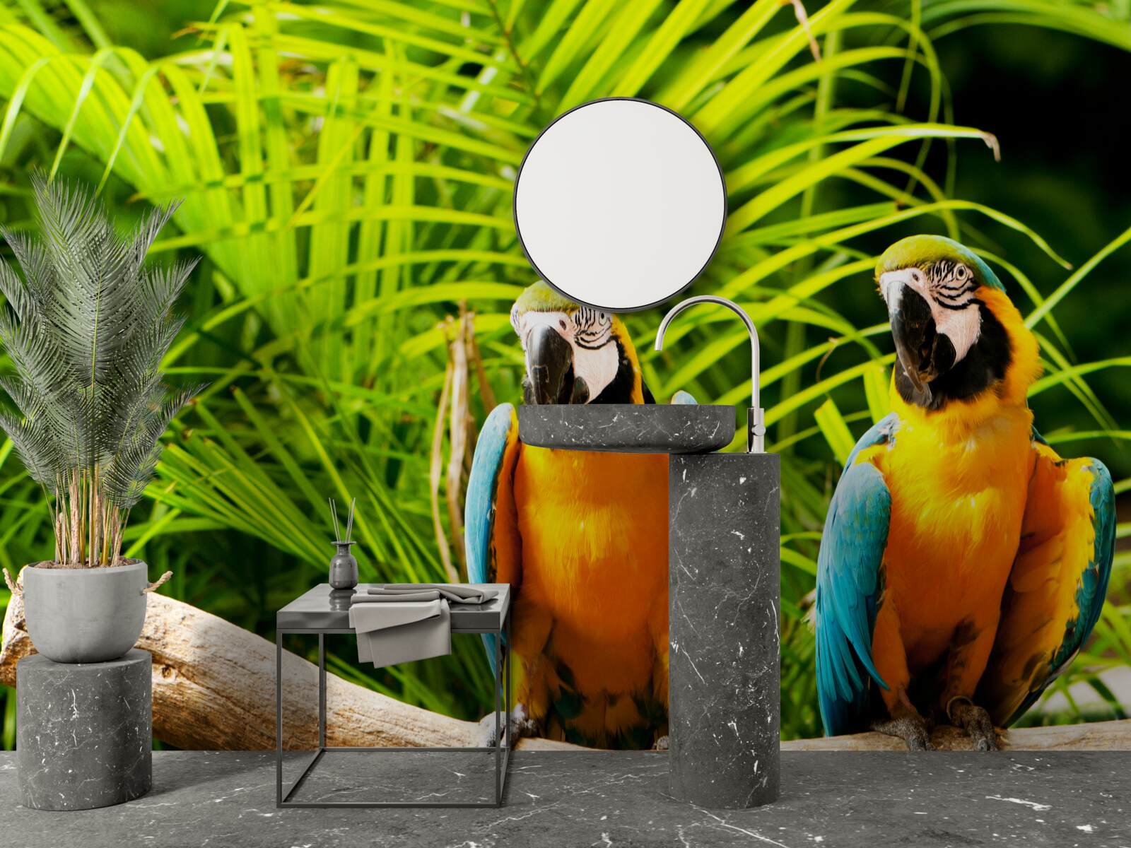 Фотошпалери сім'я папуг ара на гілці в оточенні зелені