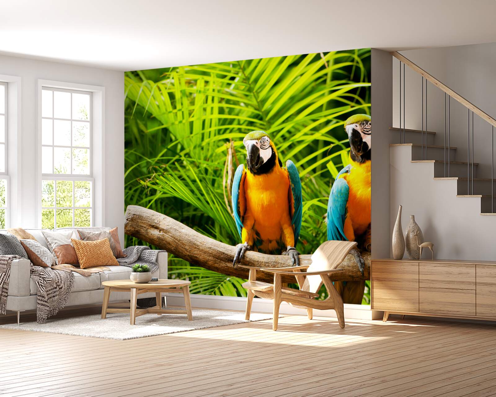 Фотошпалери сім'я папуг ара на гілці в оточенні зелені