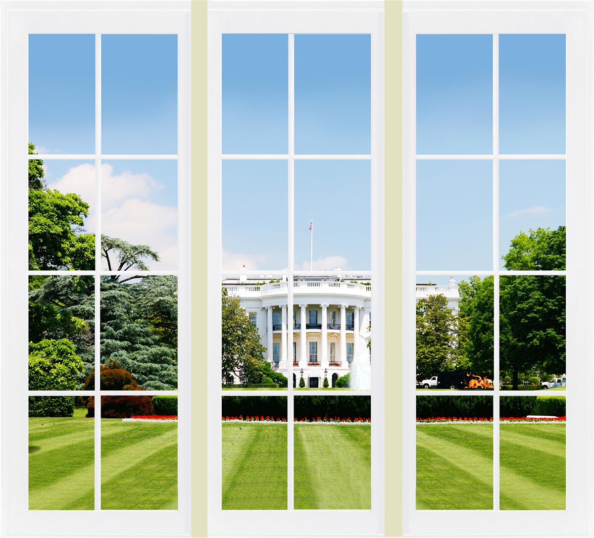 Фотошпалери будинок білосніжний з видом на зелені луки у вікнах