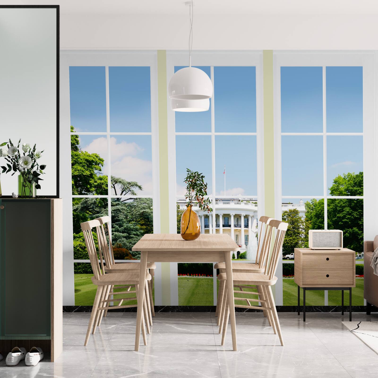 Фотошпалери будинок білосніжний з видом на зелені луки у вікнах