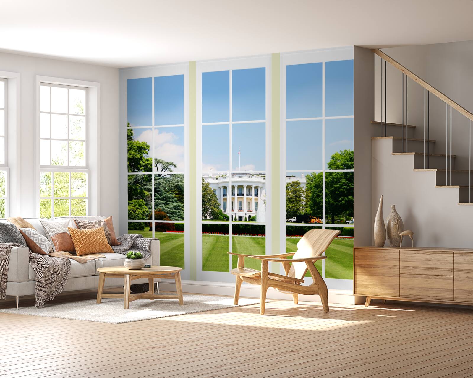 Фотошпалери будинок білосніжний з видом на зелені луки у вікнах