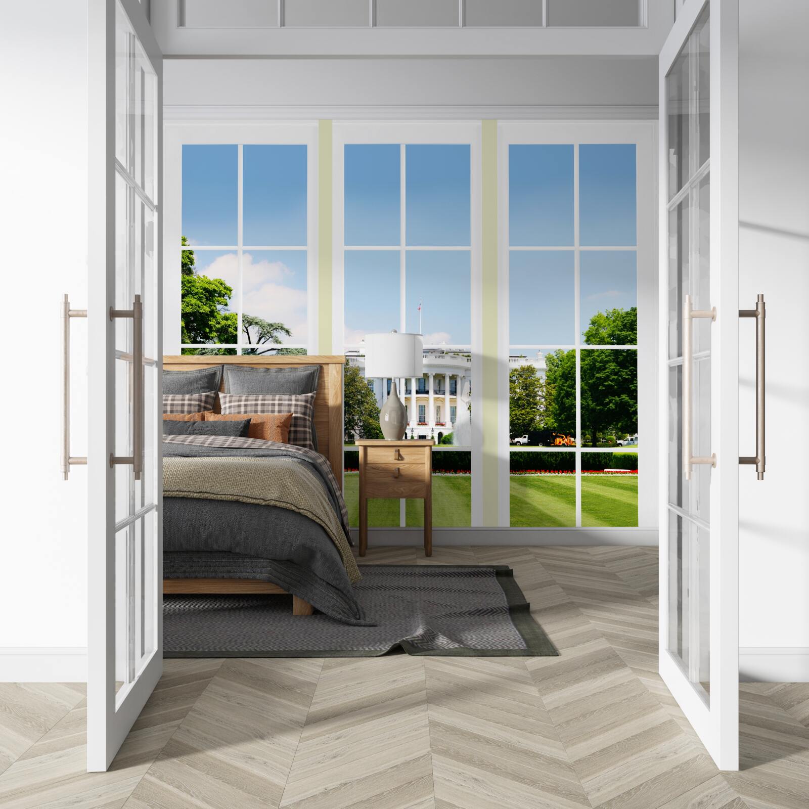 Фотошпалери будинок білосніжний з видом на зелені луки у вікнах