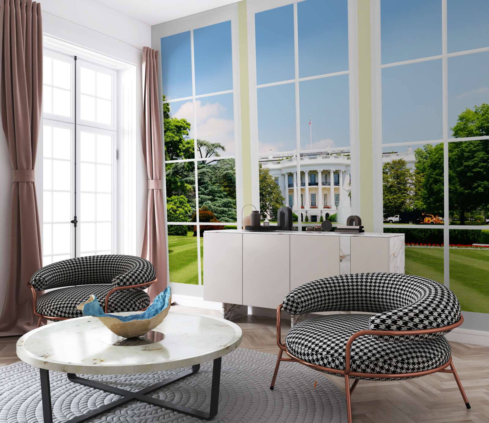 Фотошпалери будинок білосніжний з видом на зелені луки у вікнах