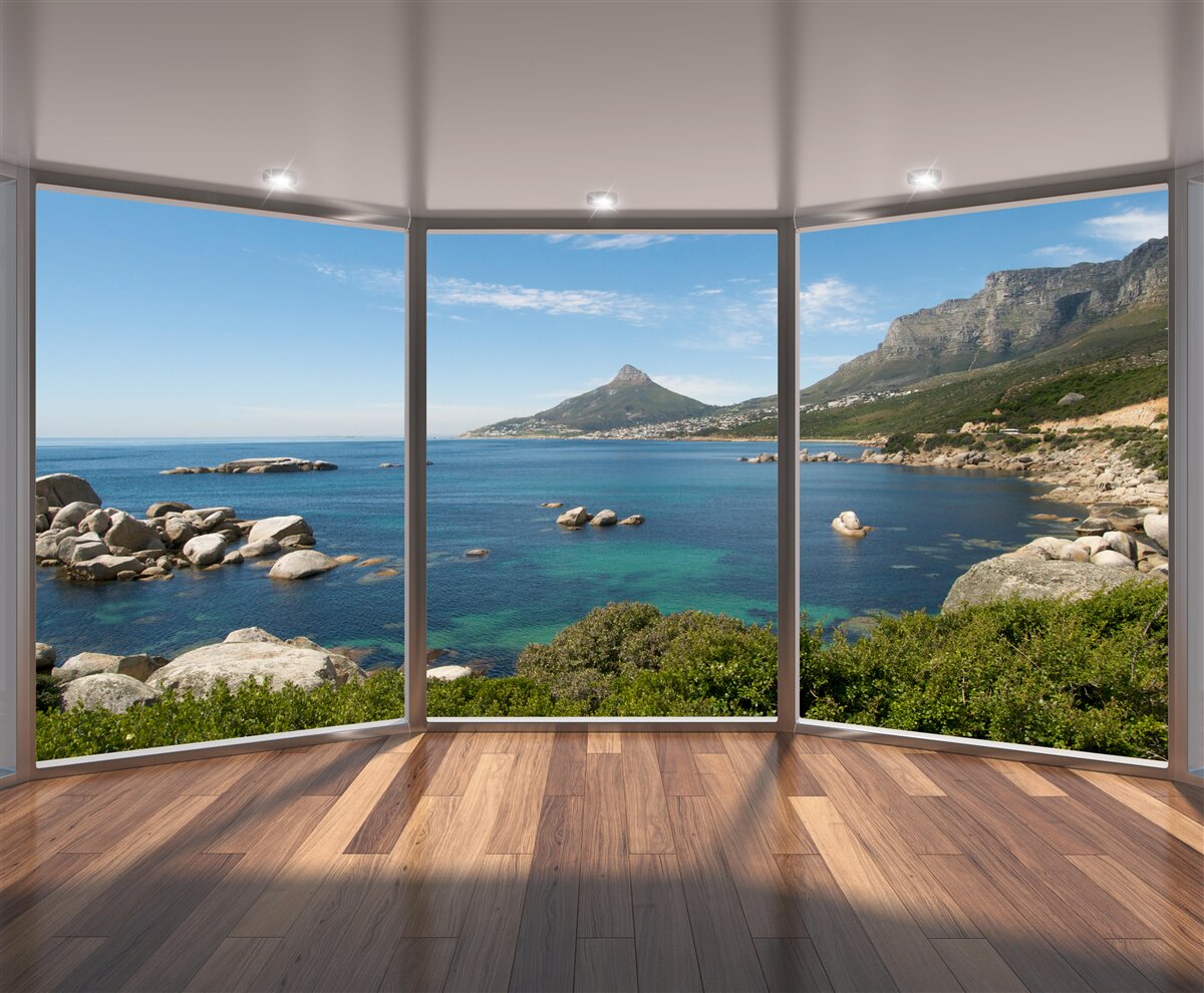 Фотошпалери величезні вікна від підлоги до стелі з мальовничими краєвидами