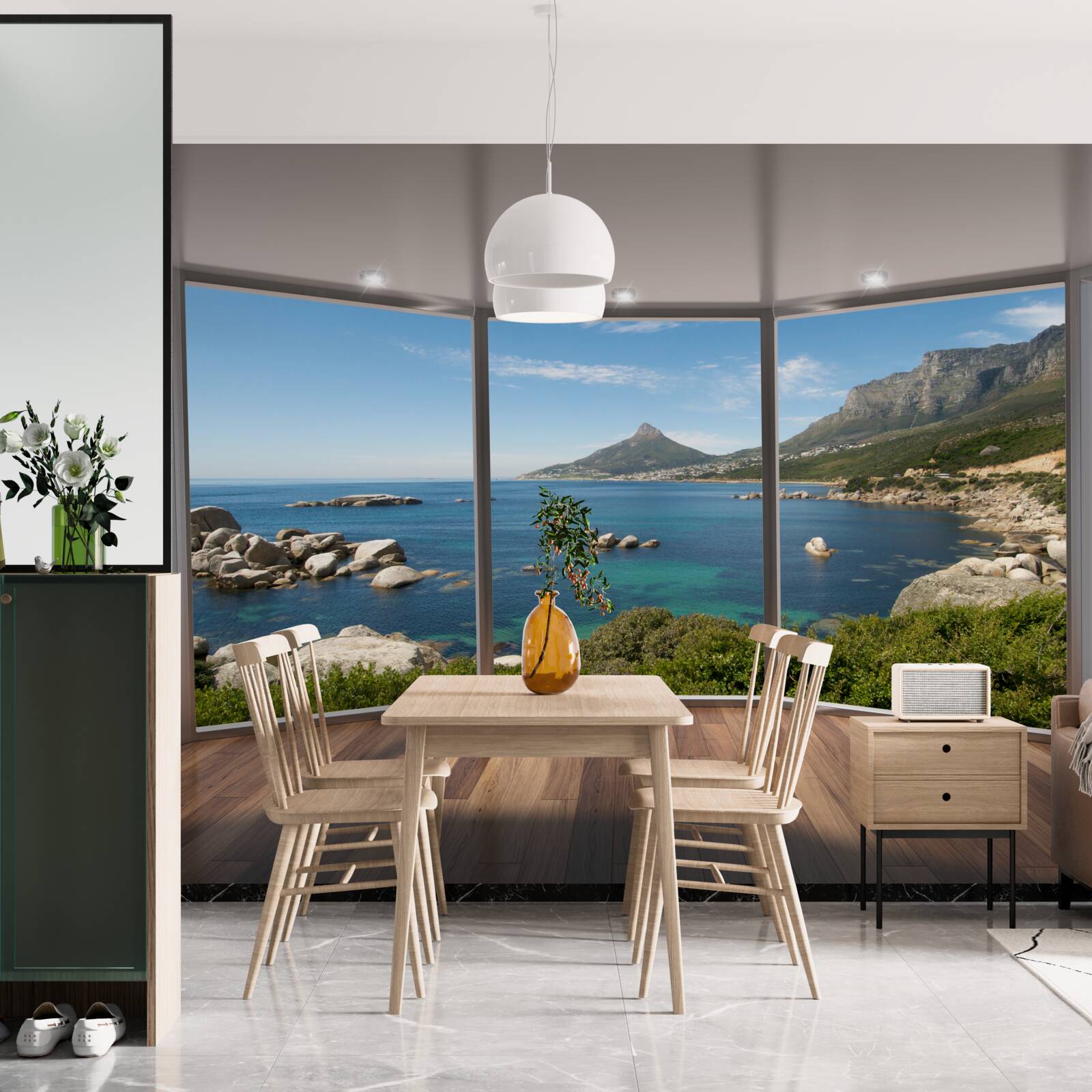 Фотошпалери величезні вікна від підлоги до стелі з мальовничими краєвидами