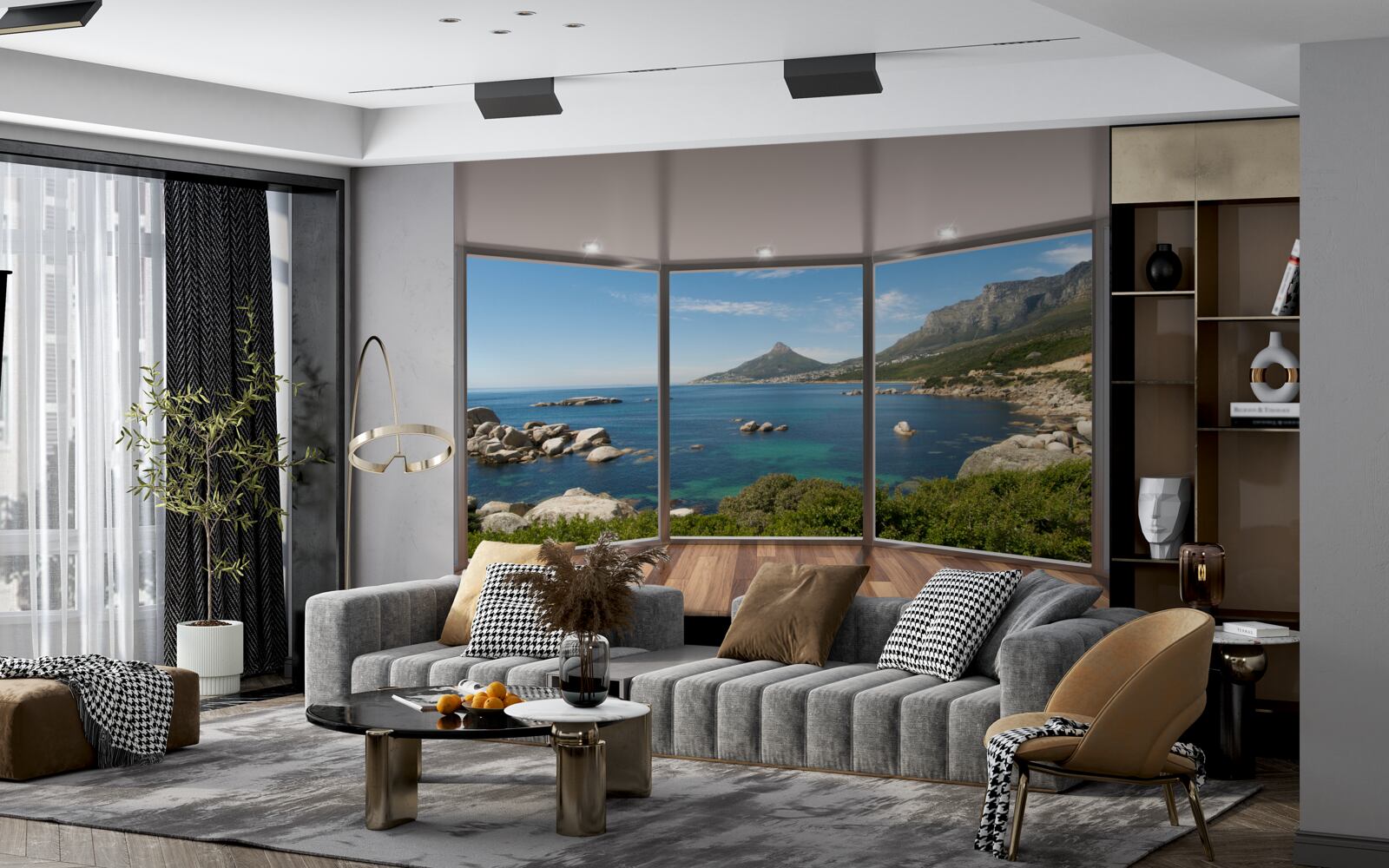 Фотошпалери величезні вікна від підлоги до стелі з мальовничими краєвидами