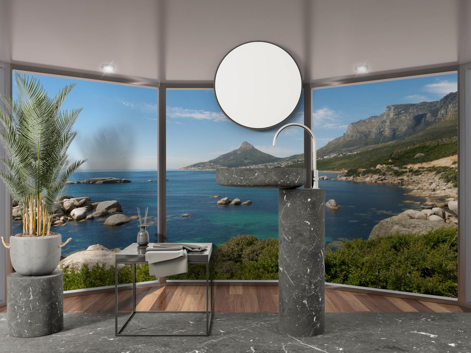 Фотошпалери величезні вікна від підлоги до стелі з мальовничими краєвидами