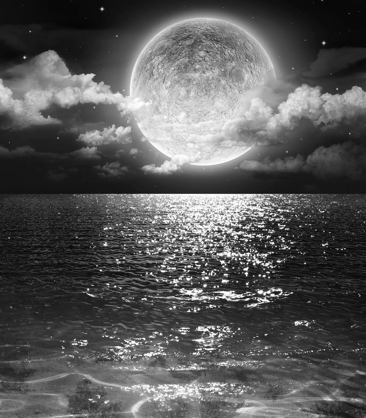 Фотошпалери захід сонця над морем при місяці з чорно-білим відтінком