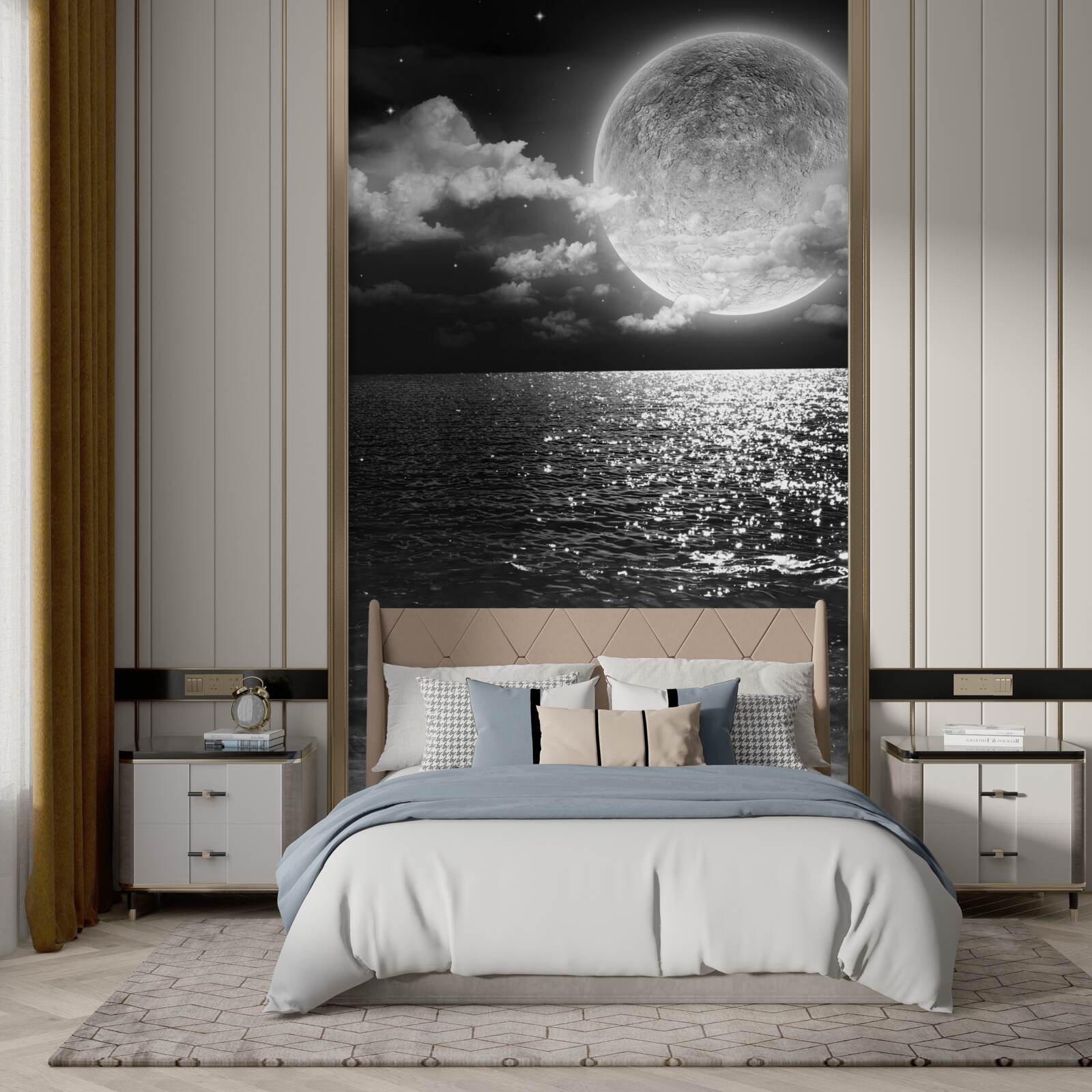 Фотошпалери захід сонця над морем при місяці з чорно-білим відтінком