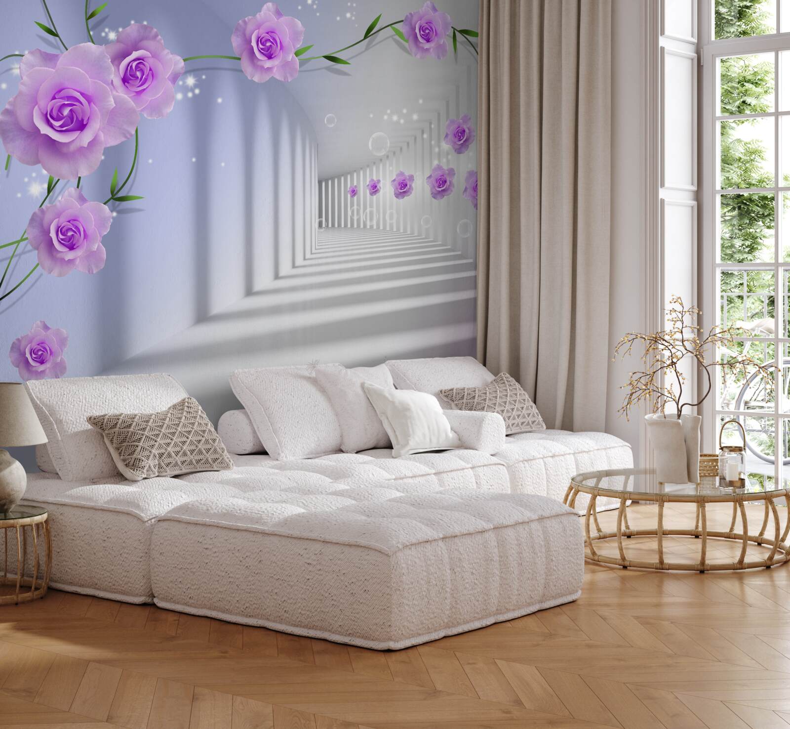 Фотошпалери фіолетова чайна троянда на гілках