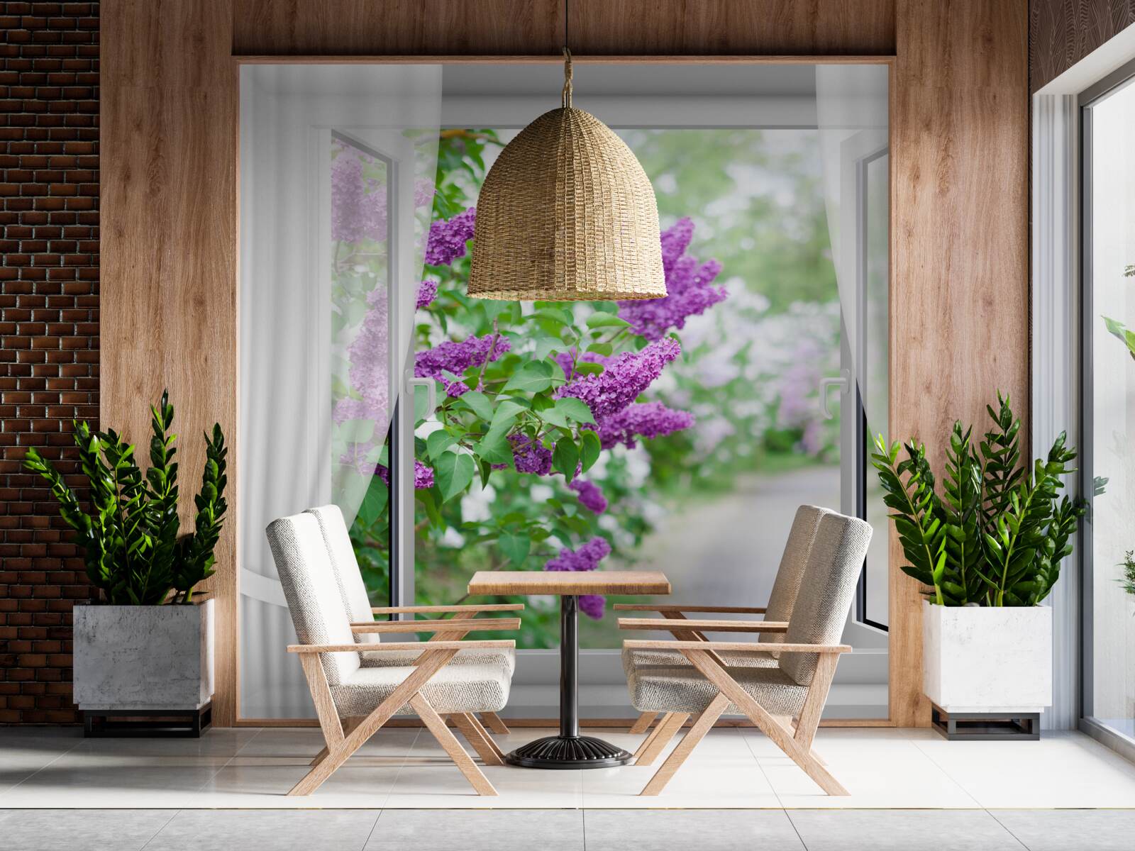 Фотошпалери біле вікно прикрашене бузком