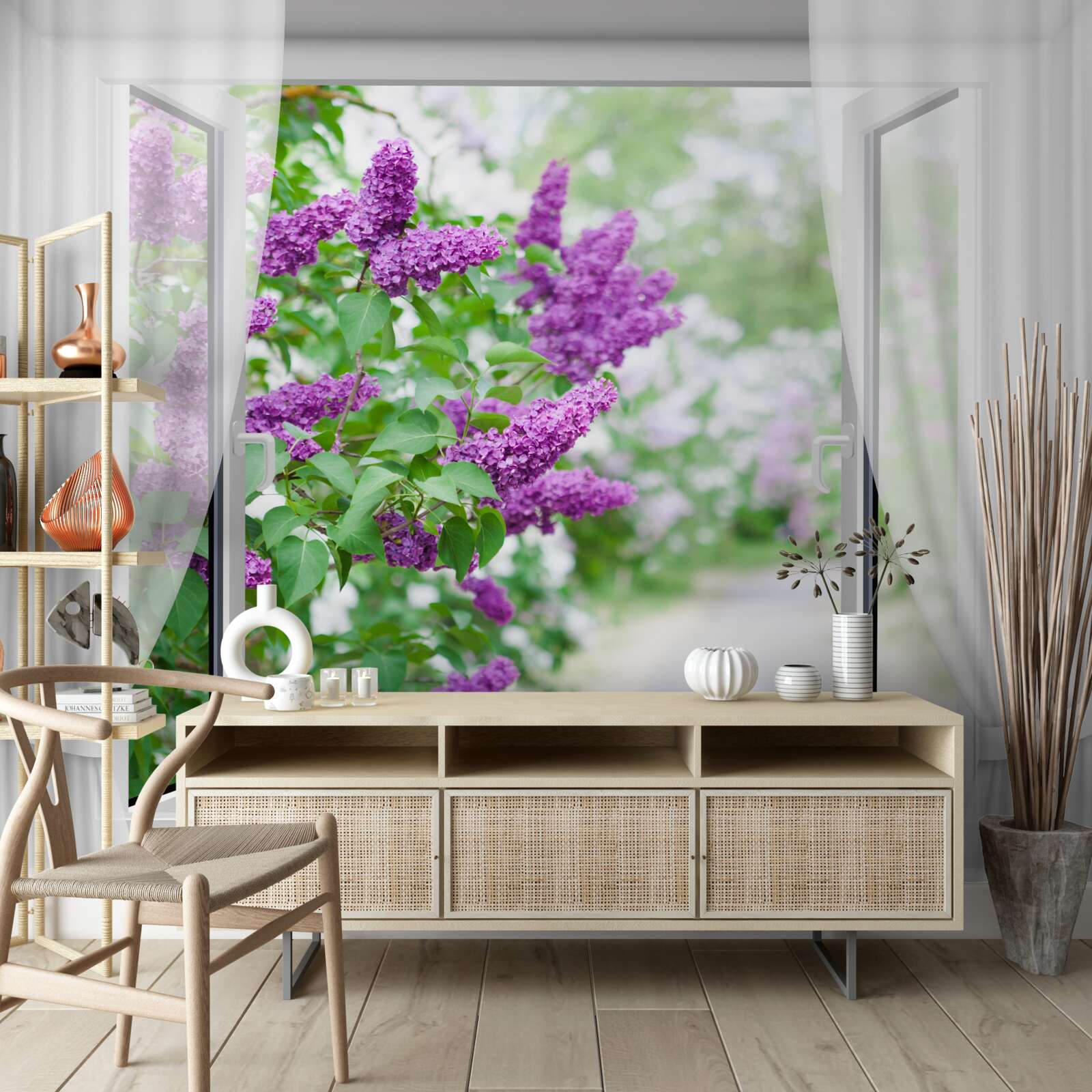 Фотошпалери біле вікно прикрашене бузком